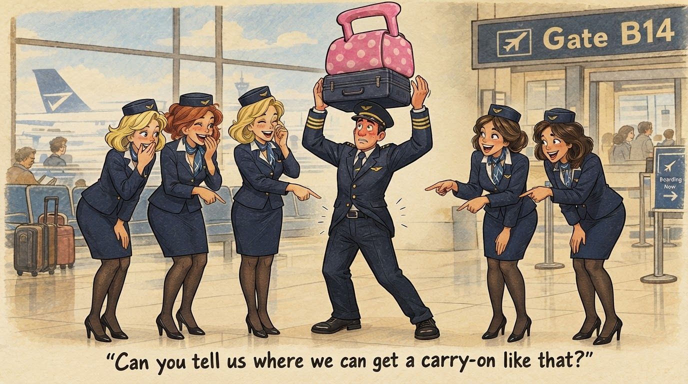 AI Design for remove a few of the baggage being held by the man and raise his arms so that he is holding them above his waist. Have the other three Flight Attendants be pointing and giggling at his hip. make one of the air hostesses stand closer to the man with her hand pointing at his hip
