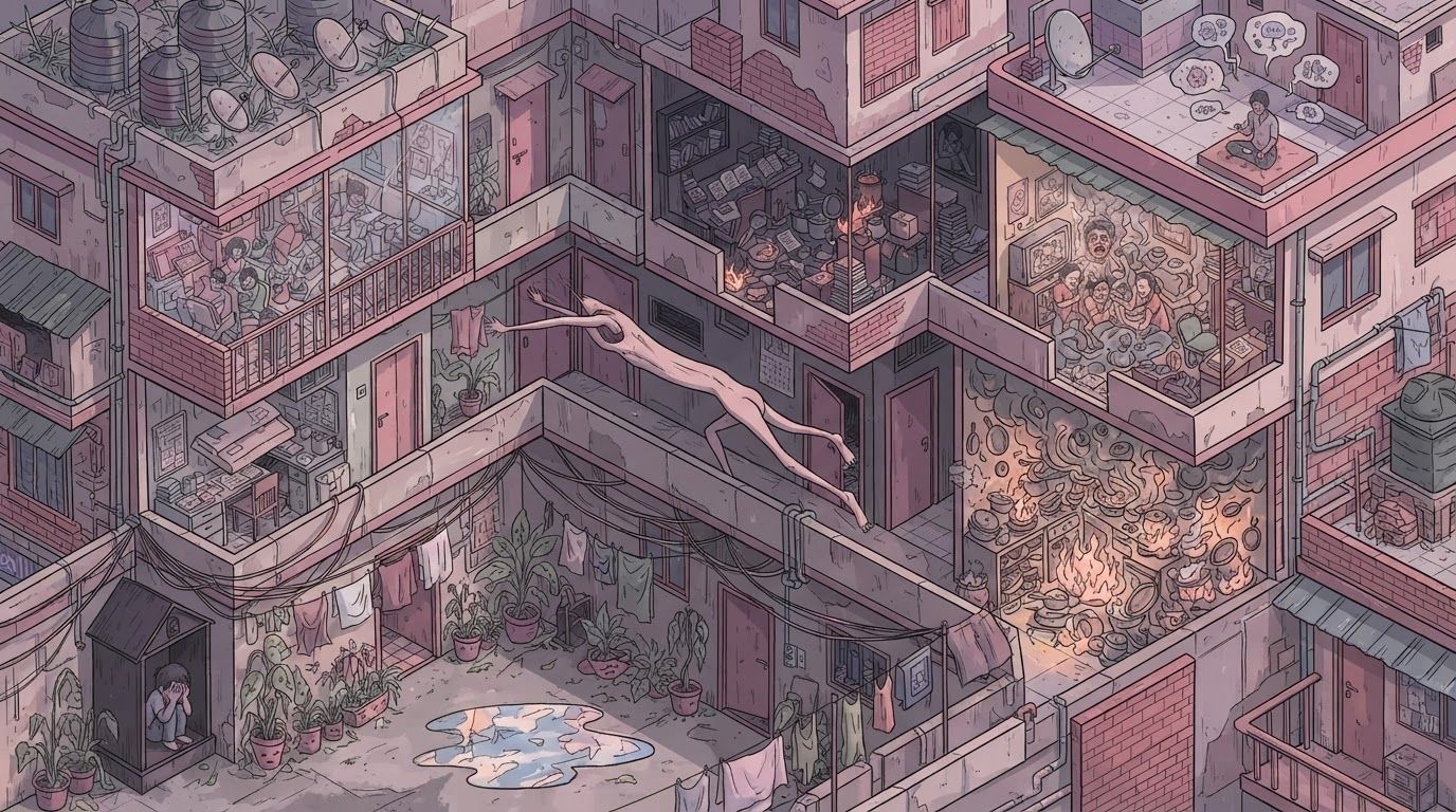 create a detailed isometric lineart illustration in the same artstyle as the first reference image showing an accurate representation of Bangladeshi middle class housing architecture and residency space, ensure same art style and angle of view, emphasize on the disregulated nature of spaces that are meant to accomodate people avoidant of consideration to human centric design. but the final composition will be surreal, depicting the correlation between architecture and mental health
