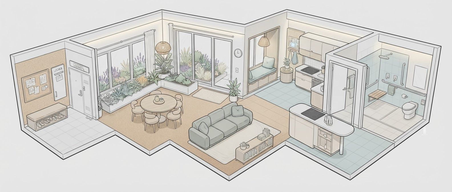 create a detailed isometric lineart illustration in the same artstyle as the reference image showing an accurate representation of holistic human centric designed space for psychosocial rehabilitation architecture for a full residential space, ensure same art style and angle of view, emphasize on ergonomically considerate and consideration to human centric design