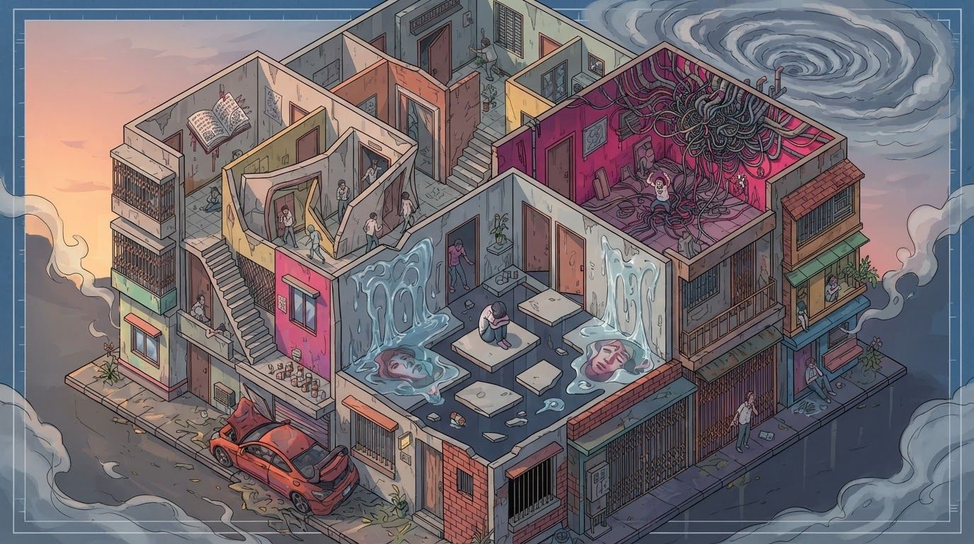 AI Design for create a detailed isometric lineart illustration in the same artstyle as the first reference image showing an accurate representation of Bangladeshi middle class housing architecture and residency space, ensure same art style and angle of view, emphasize on the disregulated nature of spaces that are meant to accomodate people avoidant of consideration to human centric design. but the final composition will be surreal, depicting the correlation between architecture and mental health