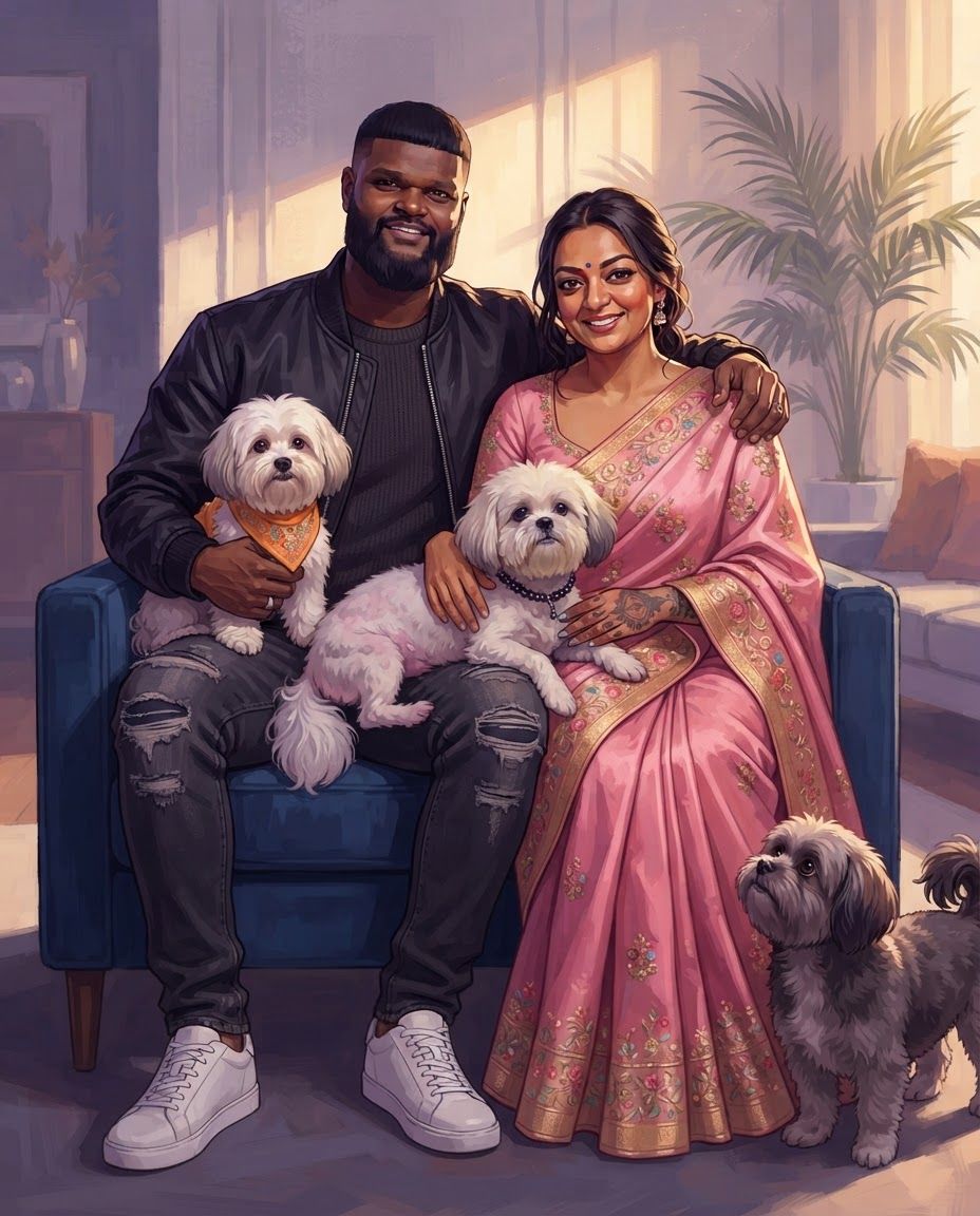 AI Design for Create a highly detailed professional illustrated portrait of a couple together with their three dogs, using the attached reference image strictly as the VISUAL STYLE REFERENCE.
IMPORTANT: Preserve the real identity and recognizable physical characteristics of both people and all three dogs. Treat the supplied photographs as the primary identity references. Accurately reproduce facial structure, facial proportions, eye shape, eyebrows, nose, lips, jawline, hairline, hairstyle, skin tone, age, distinctive facial features, body proportions, and natural expressions of each individual. Do not beautify, genericize, age, de-age, or substantially alter their appearance.
For each dog, accurately preserve breed/type, body structure, size relationship, head shape, muzzle length, ear shape and position, eye shape, coat color, coat markings, fur pattern, distinctive patches, nose shape, tail characteristics, and other recognizable physical traits. Each dog must remain clearly distinguishable from the others.
VISUAL STYLE: follow 4rth image for art style reference
Match the supplied reference's sophisticated cinematic digital illustration aesthetic. Semi-realistic contemporary comic-book / graphic-novel painting, highly refined character illustration, realistic anatomy combined with stylized graphic shapes, confident clean contour work, angular painterly planes, carefully simplified forms, rich tonal modeling, subtle textured brushwork, crisp facial rendering, sophisticated color separation, dramatic environmental lighting, and polished professional concept-art finish. the saree of the woman will be pink and the man will be wearing street wear clothes stylish.
Use the reference's characteristic balance between realism and stylization: faces should remain anatomically convincing and recognizable while being interpreted through expressive painted shapes rather than photorealistic rendering. Avoid looking like a photograph, generic AI portrait, anime, 3D render, or conventional cartoon.
LIGHTING AND COLOR:
Use cinematic directional lighting with warm golden sunlight interacting with cooler violet, lavender, mauve, blue and muted teal shadow areas. Strong but controlled warm/cool color contrast. Soft atmospheric glow around illuminated areas, subtle reflected light on skin and fur, carefully designed highlights, deep but transparent shadows, and sophisticated color grading. Maintain the reference's luminous sunset/interior-light feeling without simply copying its original environment.
PAINTING TECHNIQUE:
Visible but refined digital brushwork, layered painterly color planes, subtle texture, crisp edges around important facial features, softer edges in secondary areas, controlled linework, nuanced skin rendering, individually readable strands of hair and fur without excessive micro-detail. Use simplified graphic shadow shapes combined with realistic anatomical volume.
COMPOSITION:
Create a balanced portrait composition featuring the couple as the central subjects with their three dogs naturally integrated around them. Arrange the subjects so that every face and every dog is clearly visible and readable. Establish an intimate sense of companionship and genuine connection between the couple and their pets.
The three dogs should have clearly different poses and silhouettes so none overlap confusingly. Maintain accurate scale relationships between the couple and all three dogs. Avoid placing any dog directly in front of a person's face. Allow enough negative space around heads and bodies for clean silhouettes.
POSE AND EXPRESSION:
Natural, relaxed interaction rather than stiff studio posing. The couple should appear comfortable and emotionally connected looking at us happy and peaceful, while the dogs should behave naturally and individually. Preserve each person's characteristic expression from the supplied references while adapting it into the illustrated style. Expressions should feel subtle, warm, believable and emotionally authentic.
BACKGROUND:
Create a tasteful cinematic environment that supports the portrait without competing with the subjects. Use an elegant contemporary interior or softly atmospheric home setting, with simplified architectural forms, furniture and environmental details. Background elements should be rendered with broader painterly shapes and lower visual contrast than the characters.
DETAIL PRIORITY:
1. Exact facial identity of both people
2. Accurate physical characteristics of all three dogs
3. Correct anatomy and proportions
4. Natural interaction between all five subjects
5. Cinematic lighting
6. Painterly graphic rendering
7. Environmental atmosphere
8. Fine hair and fur details
The final artwork should feel like a professionally commissioned premium character illustration: emotionally intimate, cinematic, sophisticated, highly detailed and visually cohesive, with the unmistakable visual language of the supplied reference while remaining an original composition.
HIGH RESOLUTION, polished professional digital painting, refined anatomy, accurate facial likeness, accurate animal likeness, sophisticated composition, cinematic lighting, rich painterly color, controlled graphic shapes, detailed but elegant rendering, sharp focal details, atmospheric depth.