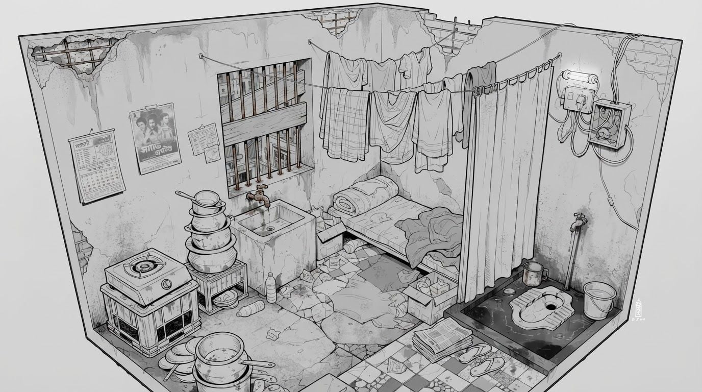 create a detailed isometric lineart illustration in the same artstyle as the reference image showing an accurate representation of bangladeshi architecture and residency space, ensure same art style and angle of view, emphasize on the disregulated nature of spaces that are meant to accomodate people avoidant of consideration to human centric design