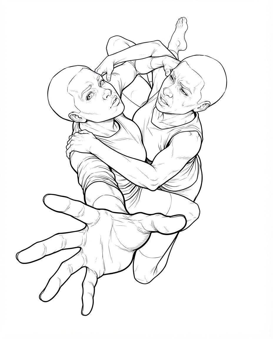 AI Design for create highly detailed professional lineart illustration similar to the reference image buit showing two human beings entangled holding each other but pulling apart at the same time as one of them stretches one hand out towards us. dramatic, foreshortening view. make it look very unique and eye catching , bold clean lines, clear details, accurate symmetry. only black and whuite illustration on solid white background
