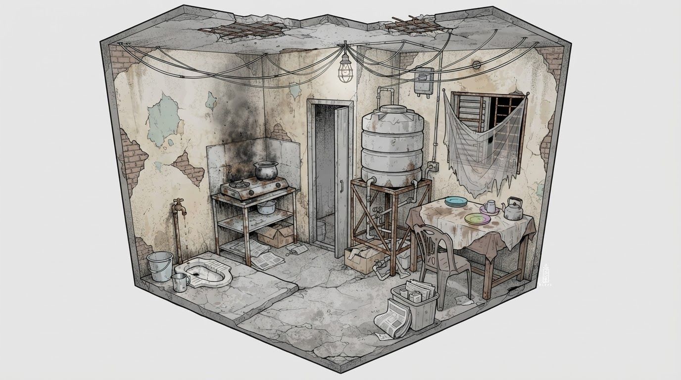 create a detailed isometric lineart illustration in the same artstyle as the reference image showing an accurate representation of bangladeshi architecture and residency space, ensure same art style and angle of view, emphasize on the disregulated nature of spaces that are meant to accomodate people avoidant of consideration to human centric design