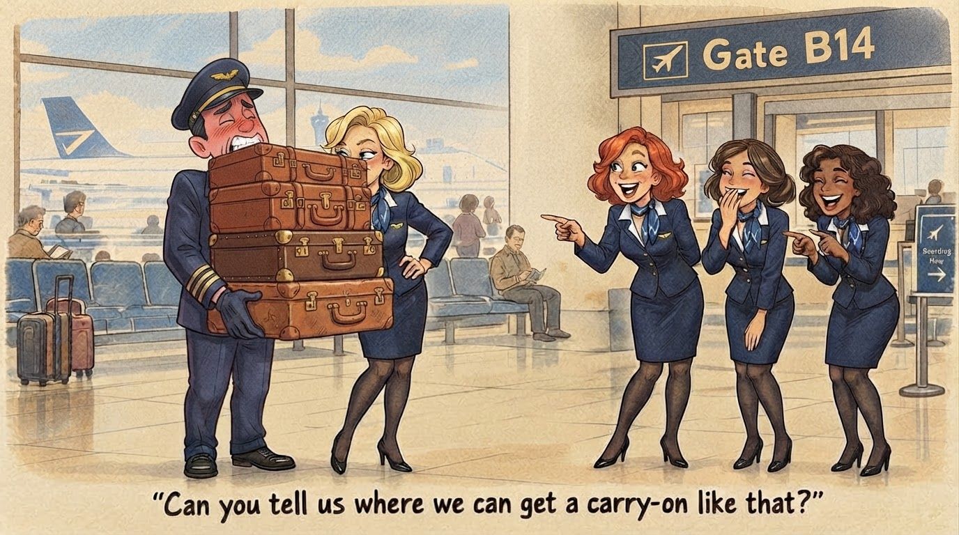 AI Design for make the pilot in the second image hold up the suitcases higher like the guy in the first image have his head tilting up a bit. and remove the hats from all the women's heads