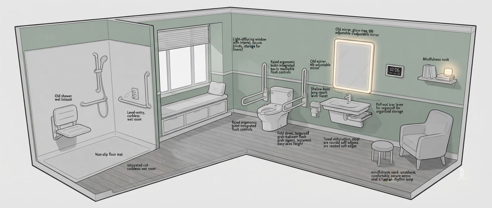 create a detailed isometric lineart illustration in the same artstyle as the reference image showing an accurate representation of holistic human centric designed space for psychosocial rehabilitation architecture for a full rehab unit, ensure same art style and angle of view, emphasize on ergonomically considerate and consideration to human centric design