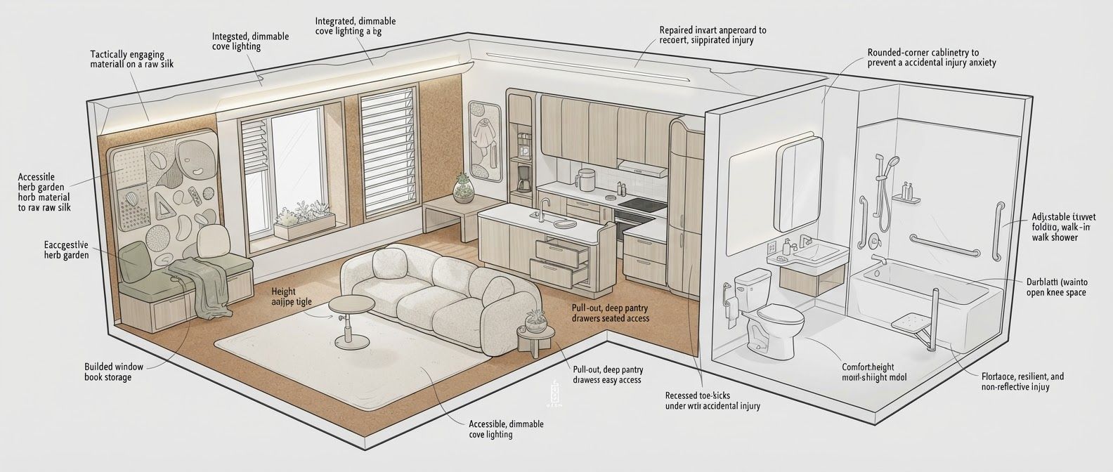 create a detailed isometric lineart illustration in the same artstyle as the reference image showing an accurate representation of holistic human centric designed space for psychosocial rehabilitation architecture for a full residential space, ensure same art style and angle of view, emphasize on ergonomically considerate and consideration to human centric design