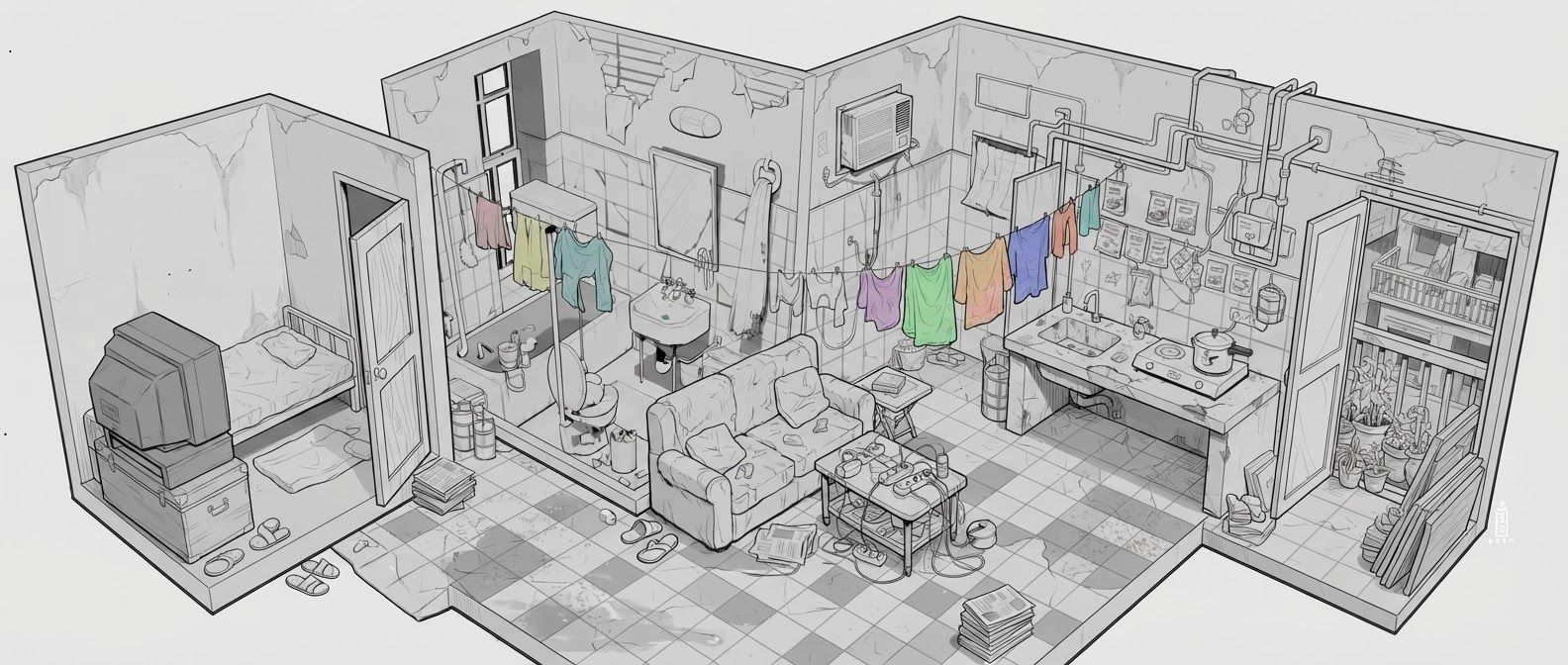 create a detailed isometric lineart illustration in the same artstyle as the reference image showing an accurate representation of Bangladeshi middle class housing architecture and residency space, ensure same art style and angle of view, emphasize on the disregulated nature of spaces that are meant to accomodate people avoidant of consideration to human centric design