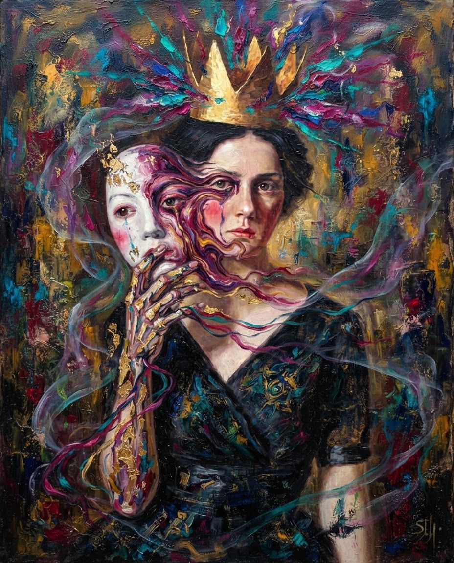 AI Design for redraw  image in a chaotic painterly, surreal, abstract colorful oil paint smudged art style. poetic, change pose, create new artwork
