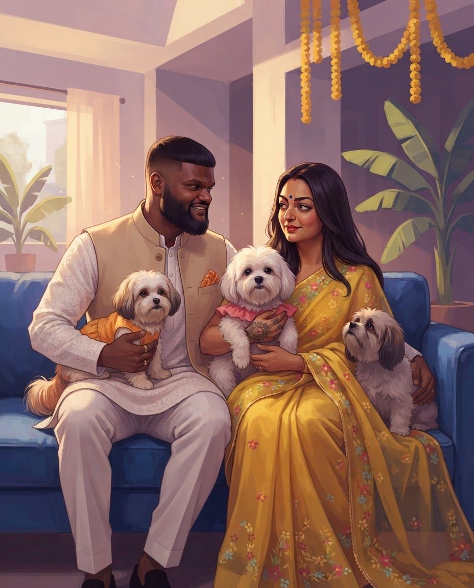 AI Design for Create a highly detailed professional illustrated portrait of a couple together with their three dogs, using the attached reference image strictly as the VISUAL STYLE REFERENCE.
IMPORTANT: Preserve the real identity and recognizable physical characteristics of both people and all three dogs. Treat the supplied photographs as the primary identity references. Accurately reproduce facial structure, facial proportions, eye shape, eyebrows, nose, lips, jawline, hairline, hairstyle, skin tone, age, distinctive facial features, body proportions, and natural expressions of each individual. Do not beautify, genericize, age, de-age, or substantially alter their appearance.
For each dog, accurately preserve breed/type, body structure, size relationship, head shape, muzzle length, ear shape and position, eye shape, coat color, coat markings, fur pattern, distinctive patches, nose shape, tail characteristics, and other recognizable physical traits. Each dog must remain clearly distinguishable from the others.
VISUAL STYLE: follow 4rth image for art style reference
Match the supplied reference's sophisticated cinematic digital illustration aesthetic. Semi-realistic contemporary comic-book / graphic-novel painting, highly refined character illustration, realistic anatomy combined with stylized graphic shapes, confident clean contour work, angular painterly planes, carefully simplified forms, rich tonal modeling, subtle textured brushwork, crisp facial rendering, sophisticated color separation, dramatic environmental lighting, and polished professional concept-art finish.
Use the reference's characteristic balance between realism and stylization: faces should remain anatomically convincing and recognizable while being interpreted through expressive painted shapes rather than photorealistic rendering. Avoid looking like a photograph, generic AI portrait, anime, 3D render, or conventional cartoon.
LIGHTING AND COLOR:
Use cinematic directional lighting with warm golden sunlight interacting with cooler violet, lavender, mauve, blue and muted teal shadow areas. Strong but controlled warm/cool color contrast. Soft atmospheric glow around illuminated areas, subtle reflected light on skin and fur, carefully designed highlights, deep but transparent shadows, and sophisticated color grading. Maintain the reference's luminous sunset/interior-light feeling without simply copying its original environment.
PAINTING TECHNIQUE:
Visible but refined digital brushwork, layered painterly color planes, subtle texture, crisp edges around important facial features, softer edges in secondary areas, controlled linework, nuanced skin rendering, individually readable strands of hair and fur without excessive micro-detail. Use simplified graphic shadow shapes combined with realistic anatomical volume.
COMPOSITION:
Create a balanced portrait composition featuring the couple as the central subjects with their three dogs naturally integrated around them. Arrange the subjects so that every face and every dog is clearly visible and readable. Establish an intimate sense of companionship and genuine connection between the couple and their pets.
The three dogs should have clearly different poses and silhouettes so none overlap confusingly. Maintain accurate scale relationships between the couple and all three dogs. Avoid placing any dog directly in front of a person's face. Allow enough negative space around heads and bodies for clean silhouettes.
POSE AND EXPRESSION:
Natural, relaxed interaction rather than stiff studio posing. The couple should appear comfortable and emotionally connected looking at each other, while the dogs should behave naturally and individually. Preserve each person's characteristic expression from the supplied references while adapting it into the illustrated style. Expressions should feel subtle, warm, believable and emotionally authentic.
BACKGROUND:
Create a tasteful cinematic environment that supports the portrait without competing with the subjects. Use an elegant contemporary interior or softly atmospheric home setting, with simplified architectural forms, furniture and environmental details. Background elements should be rendered with broader painterly shapes and lower visual contrast than the characters.
DETAIL PRIORITY:
1. Exact facial identity of both people
2. Accurate physical characteristics of all three dogs
3. Correct anatomy and proportions
4. Natural interaction between all five subjects
5. Cinematic lighting
6. Painterly graphic rendering
7. Environmental atmosphere
8. Fine hair and fur details
The final artwork should feel like a professionally commissioned premium character illustration: emotionally intimate, cinematic, sophisticated, highly detailed and visually cohesive, with the unmistakable visual language of the supplied reference while remaining an original composition.
HIGH RESOLUTION, polished professional digital painting, refined anatomy, accurate facial likeness, accurate animal likeness, sophisticated composition, cinematic lighting, rich painterly color, controlled graphic shapes, detailed but elegant rendering, sharp focal details, atmospheric depth.