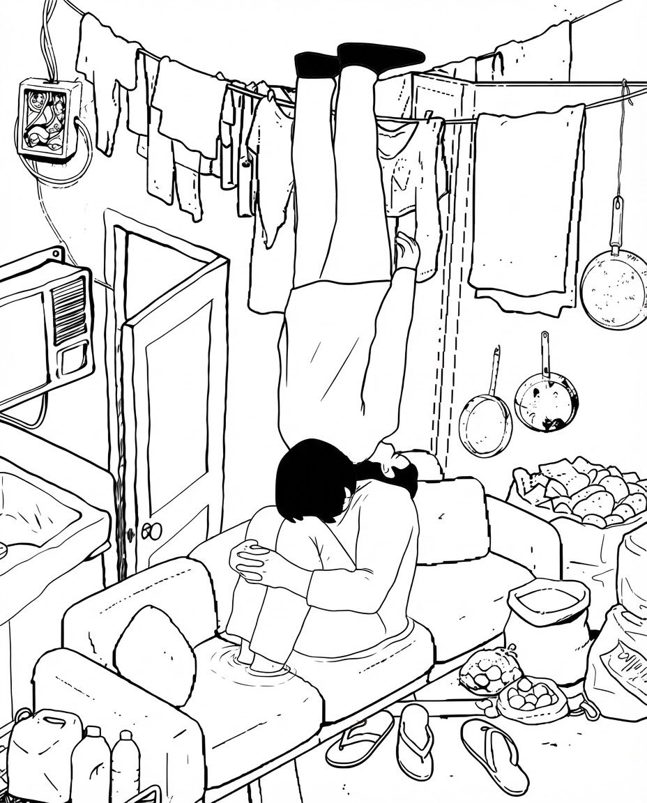 i want to place the characters in the first image in the same pose they are in but visually correct perspective wise to the second image, have the person on the bottom sit on the sofa and the person on top feet to be against the ceiling