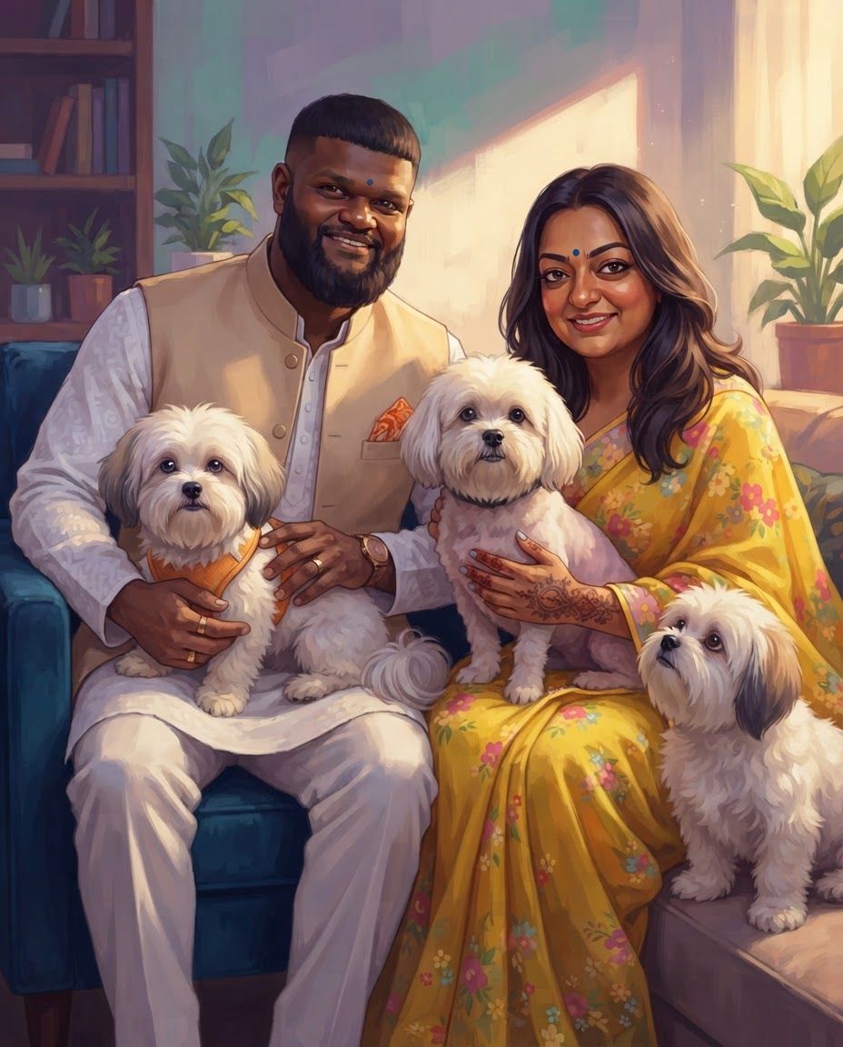 AI Design for Create a highly detailed professional illustrated portrait of a couple together with their three dogs, using the attached reference image strictly as the VISUAL STYLE REFERENCE.
IMPORTANT: Preserve the real identity and recognizable physical characteristics of both people and all three dogs. Treat the supplied photographs as the primary identity references. Accurately reproduce facial structure, facial proportions, eye shape, eyebrows, nose, lips, jawline, hairline, hairstyle, skin tone, age, distinctive facial features, body proportions, and natural expressions of each individual. Do not beautify, genericize, age, de-age, or substantially alter their appearance.
For each dog, accurately preserve breed/type, body structure, size relationship, head shape, muzzle length, ear shape and position, eye shape, coat color, coat markings, fur pattern, distinctive patches, nose shape, tail characteristics, and other recognizable physical traits. Each dog must remain clearly distinguishable from the others.
VISUAL STYLE: follow 4rth image for art style reference
Match the supplied reference's sophisticated cinematic digital illustration aesthetic. Semi-realistic contemporary comic-book / graphic-novel painting, highly refined character illustration, realistic anatomy combined with stylized graphic shapes, confident clean contour work, angular painterly planes, carefully simplified forms, rich tonal modeling, subtle textured brushwork, crisp facial rendering, sophisticated color separation, dramatic environmental lighting, and polished professional concept-art finish.
Use the reference's characteristic balance between realism and stylization: faces should remain anatomically convincing and recognizable while being interpreted through expressive painted shapes rather than photorealistic rendering. Avoid looking like a photograph, generic AI portrait, anime, 3D render, or conventional cartoon.
LIGHTING AND COLOR:
Use cinematic directional lighting with warm golden sunlight interacting with cooler violet, lavender, mauve, blue and muted teal shadow areas. Strong but controlled warm/cool color contrast. Soft atmospheric glow around illuminated areas, subtle reflected light on skin and fur, carefully designed highlights, deep but transparent shadows, and sophisticated color grading. Maintain the reference's luminous sunset/interior-light feeling without simply copying its original environment.
PAINTING TECHNIQUE:
Visible but refined digital brushwork, layered painterly color planes, subtle texture, crisp edges around important facial features, softer edges in secondary areas, controlled linework, nuanced skin rendering, individually readable strands of hair and fur without excessive micro-detail. Use simplified graphic shadow shapes combined with realistic anatomical volume.
COMPOSITION:
Create a balanced portrait composition featuring the couple as the central subjects with their three dogs naturally integrated around them. Arrange the subjects so that every face and every dog is clearly visible and readable. Establish an intimate sense of companionship and genuine connection between the couple and their pets.
The three dogs should have clearly different poses and silhouettes so none overlap confusingly. Maintain accurate scale relationships between the couple and all three dogs. Avoid placing any dog directly in front of a person's face. Allow enough negative space around heads and bodies for clean silhouettes.
POSE AND EXPRESSION:
Natural, relaxed interaction rather than stiff studio posing. The couple should appear comfortable and emotionally connected looking at us happy and peaceful, while the dogs should behave naturally and individually. Preserve each person's characteristic expression from the supplied references while adapting it into the illustrated style. Expressions should feel subtle, warm, believable and emotionally authentic.
BACKGROUND:
Create a tasteful cinematic environment that supports the portrait without competing with the subjects. Use an elegant contemporary interior or softly atmospheric home setting, with simplified architectural forms, furniture and environmental details. Background elements should be rendered with broader painterly shapes and lower visual contrast than the characters.
DETAIL PRIORITY:
1. Exact facial identity of both people
2. Accurate physical characteristics of all three dogs
3. Correct anatomy and proportions
4. Natural interaction between all five subjects
5. Cinematic lighting
6. Painterly graphic rendering
7. Environmental atmosphere
8. Fine hair and fur details
The final artwork should feel like a professionally commissioned premium character illustration: emotionally intimate, cinematic, sophisticated, highly detailed and visually cohesive, with the unmistakable visual language of the supplied reference while remaining an original composition.
HIGH RESOLUTION, polished professional digital painting, refined anatomy, accurate facial likeness, accurate animal likeness, sophisticated composition, cinematic lighting, rich painterly color, controlled graphic shapes, detailed but elegant rendering, sharp focal details, atmospheric depth.