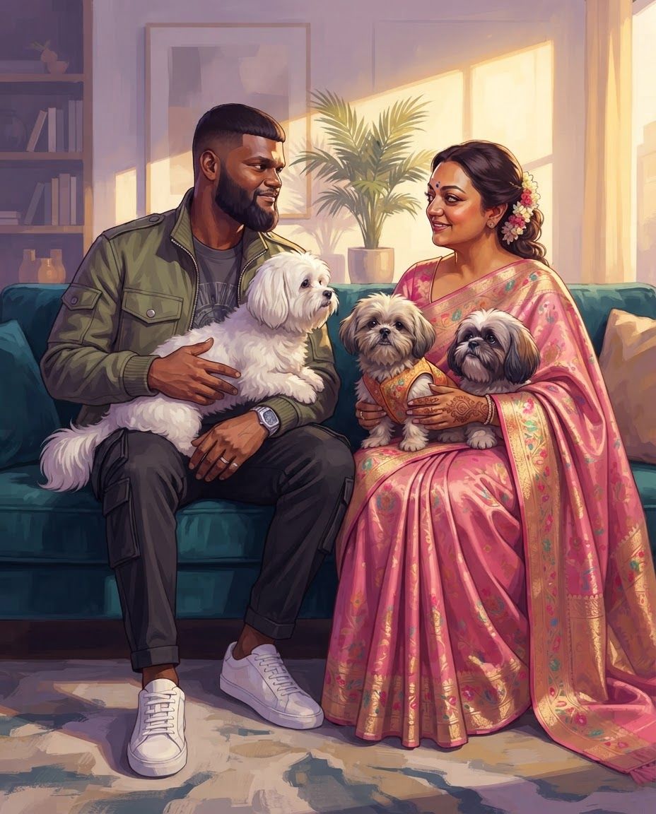 AI Design for Create a highly detailed professional illustrated portrait of a couple together with their three dogs, using the attached reference image strictly as the VISUAL STYLE REFERENCE.
IMPORTANT: Preserve the real identity and recognizable physical characteristics of both people and all three dogs. Treat the supplied photographs as the primary identity references. Accurately reproduce facial structure, facial proportions, eye shape, eyebrows, nose, lips, jawline, hairline, hairstyle, skin tone, age, distinctive facial features, body proportions, and natural expressions of each individual. Do not beautify, genericize, age, de-age, or substantially alter their appearance.
For each dog, accurately preserve breed/type, body structure, size relationship, head shape, muzzle length, ear shape and position, eye shape, coat color, coat markings, fur pattern, distinctive patches, nose shape, tail characteristics, and other recognizable physical traits. Each dog must remain clearly distinguishable from the others.
VISUAL STYLE: follow 4rth image for art style reference
Match the supplied reference's sophisticated cinematic digital illustration aesthetic. Semi-realistic contemporary comic-book / graphic-novel painting, highly refined character illustration, realistic anatomy combined with stylized graphic shapes, confident clean contour work, angular painterly planes, carefully simplified forms, rich tonal modeling, subtle textured brushwork, crisp facial rendering, sophisticated color separation, dramatic environmental lighting, and polished professional concept-art finish. the saree of the woman will be pink and the man will be wearing street wear clothes stylish.
Use the reference's characteristic balance between realism and stylization: faces should remain anatomically convincing and recognizable while being interpreted through expressive painted shapes rather than photorealistic rendering. Avoid looking like a photograph, generic AI portrait, anime, 3D render, or conventional cartoon.
LIGHTING AND COLOR:
Use cinematic directional lighting with warm golden sunlight interacting with cooler violet, lavender, mauve, blue and muted teal shadow areas. Strong but controlled warm/cool color contrast. Soft atmospheric glow around illuminated areas, subtle reflected light on skin and fur, carefully designed highlights, deep but transparent shadows, and sophisticated color grading. Maintain the reference's luminous sunset/interior-light feeling without simply copying its original environment.
PAINTING TECHNIQUE:
Visible but refined digital brushwork, layered painterly color planes, subtle texture, crisp edges around important facial features, softer edges in secondary areas, controlled linework, nuanced skin rendering, individually readable strands of hair and fur without excessive micro-detail. Use simplified graphic shadow shapes combined with realistic anatomical volume.
COMPOSITION:
Create a balanced portrait composition featuring the couple as the central subjects with their three dogs naturally integrated around them. Arrange the subjects so that every face and every dog is clearly visible and readable. Establish an intimate sense of companionship and genuine connection between the couple and their pets.
The three dogs should have clearly different poses and silhouettes so none overlap confusingly. Maintain accurate scale relationships between the couple and all three dogs. Avoid placing any dog directly in front of a person's face. Allow enough negative space around heads and bodies for clean silhouettes.
POSE AND EXPRESSION:
Natural, relaxed interaction rather than stiff studio posing. The couple should appear comfortable and emotionally connected looking at each other happy and peaceful, while the dogs should behave naturally and individually. Preserve each person's characteristic expression from the supplied references while adapting it into the illustrated style. Expressions should feel subtle, warm, believable and emotionally authentic.
BACKGROUND:
Create a tasteful cinematic environment that supports the portrait without competing with the subjects. Use an elegant contemporary interior or softly atmospheric home setting, with simplified architectural forms, furniture and environmental details. Background elements should be rendered with broader painterly shapes and lower visual contrast than the characters.
DETAIL PRIORITY:
1. Exact facial identity of both people
2. Accurate physical characteristics of all three dogs
3. Correct anatomy and proportions
4. Natural interaction between all five subjects
5. Cinematic lighting
6. Painterly graphic rendering
7. Environmental atmosphere
8. Fine hair and fur details
The final artwork should feel like a professionally commissioned premium character illustration: emotionally intimate, cinematic, sophisticated, highly detailed and visually cohesive, with the unmistakable visual language of the supplied reference while remaining an original composition.
HIGH RESOLUTION, polished professional digital painting, refined anatomy, accurate facial likeness, accurate animal likeness, sophisticated composition, cinematic lighting, rich painterly color, controlled graphic shapes, detailed but elegant rendering, sharp focal details, atmospheric depth.