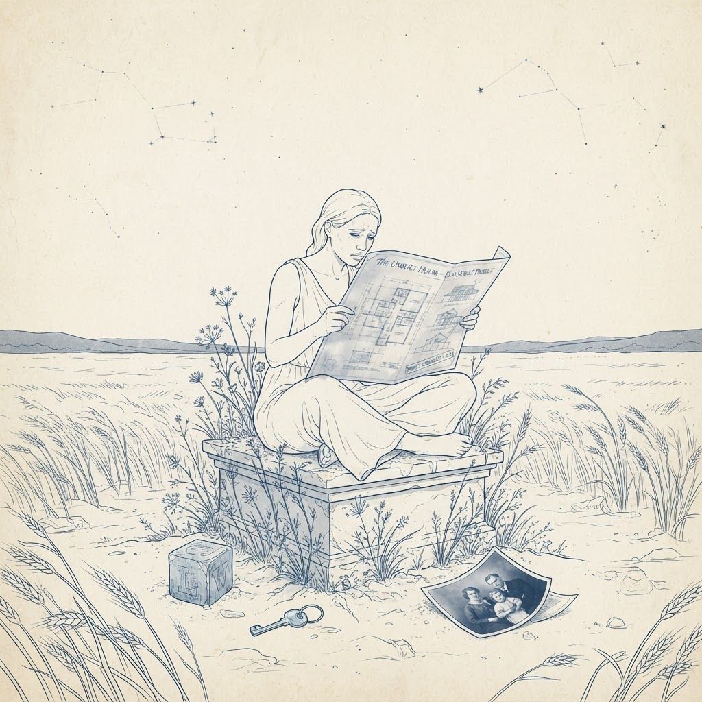 AI Design for A person holding the blueprint of a house that was never built, surreal minimal illustration, emotional architecture, soft melancholy, abandoned dreams.