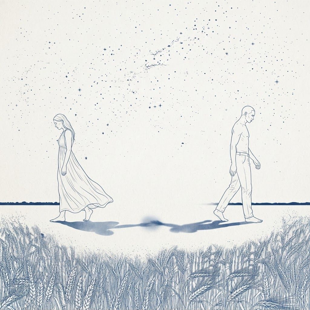 AI Design for Two figures walking in opposite directions while their shadows gently touch, surreal minimalist line art, poetic exploration of love, separation, and release.