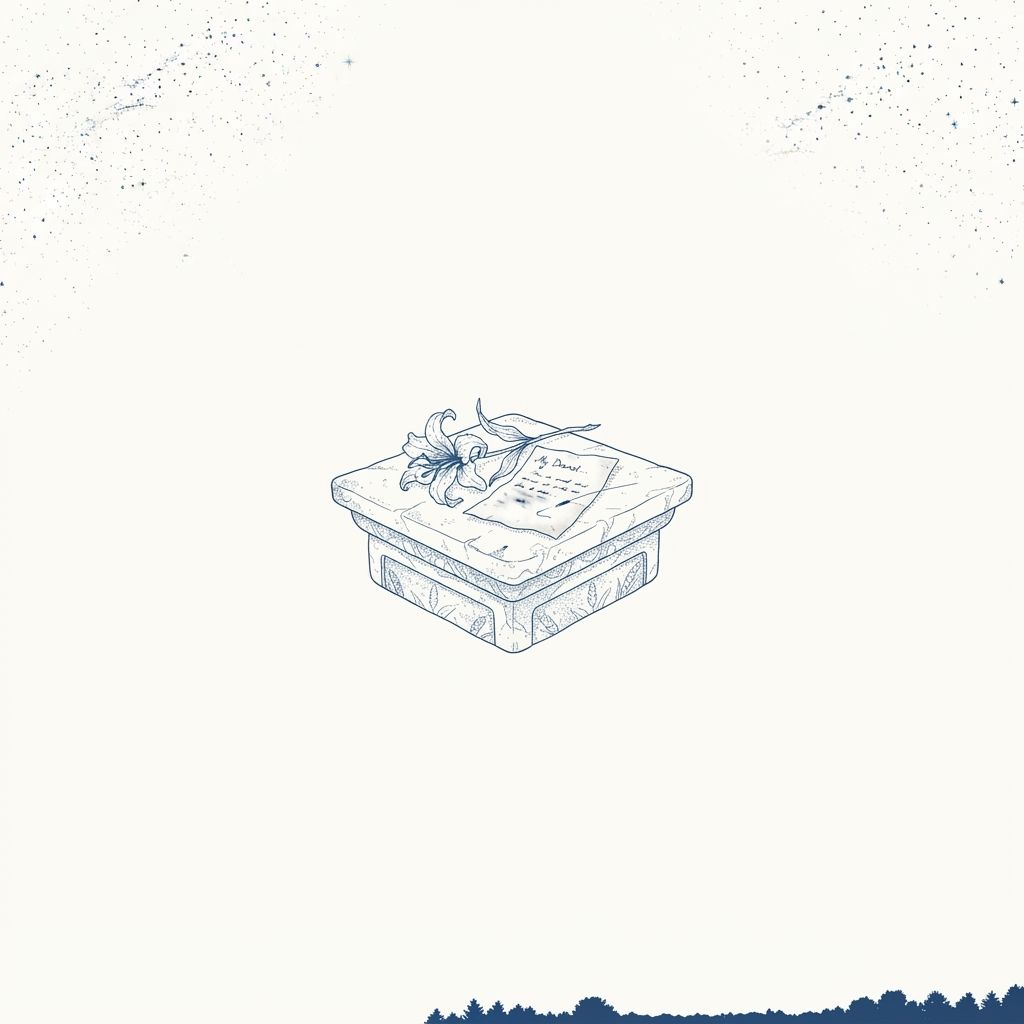 AI Design for A small altar holding a wilted flower and an unfinished love letter, surrounded by empty space, surreal minimal illustration, quiet grief, beauty of things that never became.