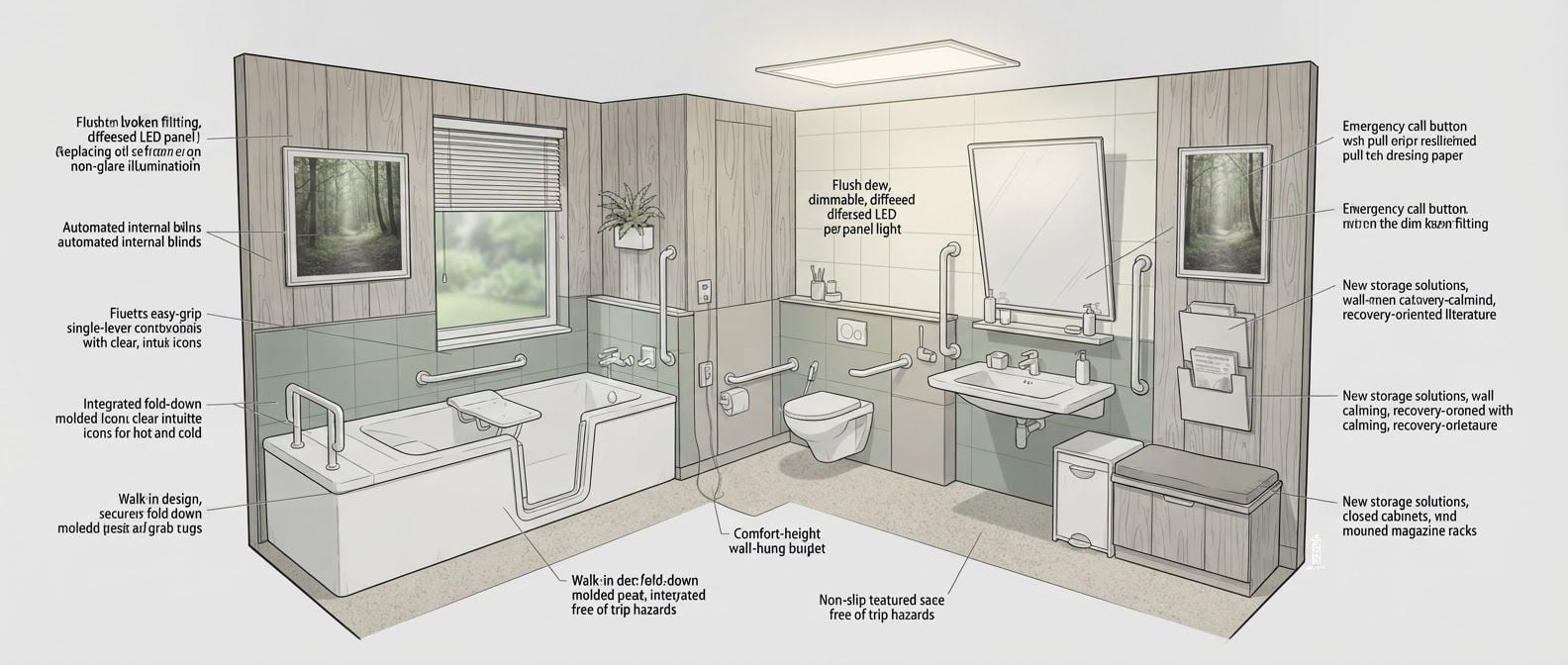 create a detailed isometric lineart illustration in the same artstyle as the reference image showing an accurate representation of holistic human centric designed space for psychosocial rehabilitation architecture, ensure same art style and angle of view, emphasize on ergonomically considerate and consideration to human centric design