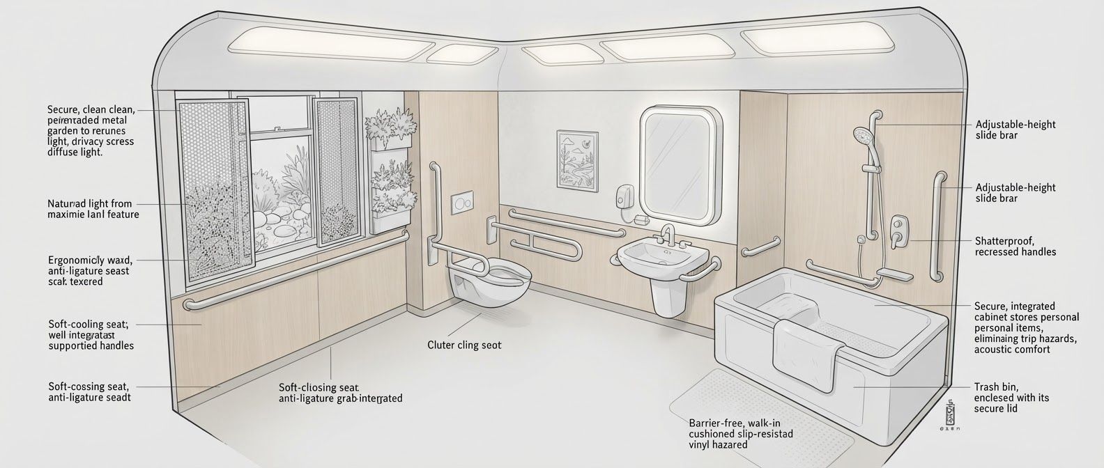 create a detailed isometric lineart illustration in the same artstyle as the reference image showing an accurate representation of holistic human centric designed space for psychosocial rehabilitation architecture for a full rehab unit, ensure same art style and angle of view, emphasize on ergonomically considerate and  consideration to human centric design