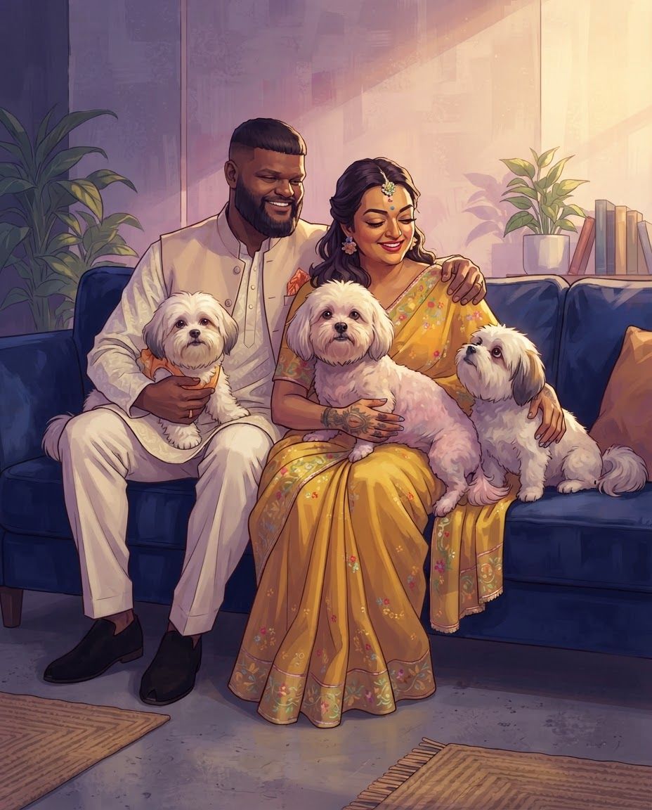 AI Design for Create a highly detailed professional illustrated portrait of a couple together with their three dogs, using the attached reference image strictly as the VISUAL STYLE REFERENCE.
IMPORTANT: Preserve the real identity and recognizable physical characteristics of both people and all three dogs. Treat the supplied photographs as the primary identity references. Accurately reproduce facial structure, facial proportions, eye shape, eyebrows, nose, lips, jawline, hairline, hairstyle, skin tone, age, distinctive facial features, body proportions, and natural expressions of each individual. Do not beautify, genericize, age, de-age, or substantially alter their appearance.
For each dog, accurately preserve breed/type, body structure, size relationship, head shape, muzzle length, ear shape and position, eye shape, coat color, coat markings, fur pattern, distinctive patches, nose shape, tail characteristics, and other recognizable physical traits. Each dog must remain clearly distinguishable from the others.
VISUAL STYLE: follow 4rth image for art style reference
Match the supplied reference's sophisticated cinematic digital illustration aesthetic. Semi-realistic contemporary comic-book / graphic-novel painting, highly refined character illustration, realistic anatomy combined with stylized graphic shapes, confident clean contour work, angular painterly planes, carefully simplified forms, rich tonal modeling, subtle textured brushwork, crisp facial rendering, sophisticated color separation, dramatic environmental lighting, and polished professional concept-art finish.
Use the reference's characteristic balance between realism and stylization: faces should remain anatomically convincing and recognizable while being interpreted through expressive painted shapes rather than photorealistic rendering. Avoid looking like a photograph, generic AI portrait, anime, 3D render, or conventional cartoon.
LIGHTING AND COLOR:
Use cinematic directional lighting with warm golden sunlight interacting with cooler violet, lavender, mauve, blue and muted teal shadow areas. Strong but controlled warm/cool color contrast. Soft atmospheric glow around illuminated areas, subtle reflected light on skin and fur, carefully designed highlights, deep but transparent shadows, and sophisticated color grading. Maintain the reference's luminous sunset/interior-light feeling without simply copying its original environment.
PAINTING TECHNIQUE:
Visible but refined digital brushwork, layered painterly color planes, subtle texture, crisp edges around important facial features, softer edges in secondary areas, controlled linework, nuanced skin rendering, individually readable strands of hair and fur without excessive micro-detail. Use simplified graphic shadow shapes combined with realistic anatomical volume.
COMPOSITION:
Create a balanced portrait composition featuring the couple as the central subjects with their three dogs naturally integrated around them. Arrange the subjects so that every face and every dog is clearly visible and readable. Establish an intimate sense of companionship and genuine connection between the couple and their pets.
The three dogs should have clearly different poses and silhouettes so none overlap confusingly. Maintain accurate scale relationships between the couple and all three dogs. Avoid placing any dog directly in front of a person's face. Allow enough negative space around heads and bodies for clean silhouettes.
POSE AND EXPRESSION:
Natural, relaxed interaction rather than stiff studio posing. The couple should appear comfortable and emotionally connected, while the dogs should behave naturally and individually. Preserve each person's characteristic expression from the supplied references while adapting it into the illustrated style. Expressions should feel subtle, warm, believable and emotionally authentic.
BACKGROUND:
Create a tasteful cinematic environment that supports the portrait without competing with the subjects. Use an elegant contemporary interior or softly atmospheric home setting, with simplified architectural forms, furniture and environmental details. Background elements should be rendered with broader painterly shapes and lower visual contrast than the characters.
DETAIL PRIORITY:
1. Exact facial identity of both people
2. Accurate physical characteristics of all three dogs
3. Correct anatomy and proportions
4. Natural interaction between all five subjects
5. Cinematic lighting
6. Painterly graphic rendering
7. Environmental atmosphere
8. Fine hair and fur details
The final artwork should feel like a professionally commissioned premium character illustration: emotionally intimate, cinematic, sophisticated, highly detailed and visually cohesive, with the unmistakable visual language of the supplied reference while remaining an original composition.
HIGH RESOLUTION, polished professional digital painting, refined anatomy, accurate facial likeness, accurate animal likeness, sophisticated composition, cinematic lighting, rich painterly color, controlled graphic shapes, detailed but elegant rendering, sharp focal details, atmospheric depth.