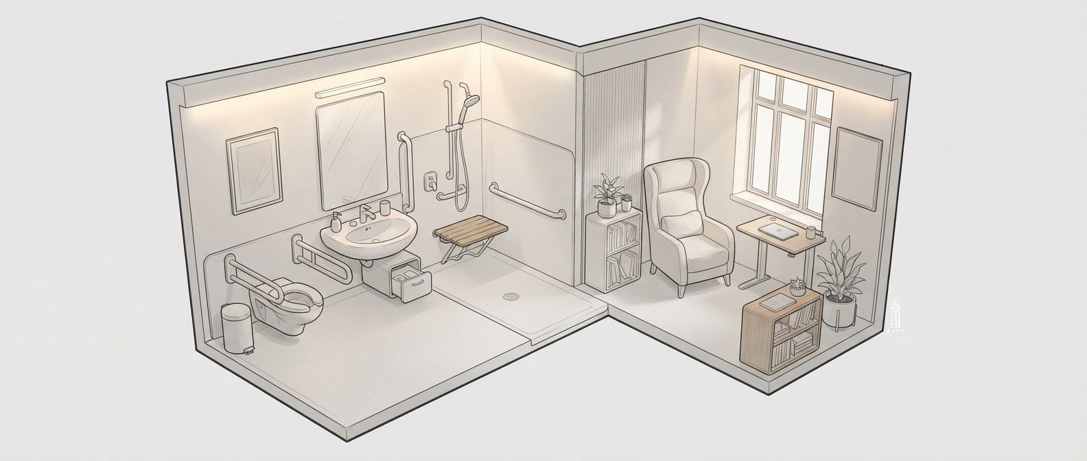 AI Design for create a detailed isometric lineart illustration in the same artstyle as the reference image showing an accurate representation of holistic human centric designed space for psychosocial rehabilitation architecture for a full rehab unit, ensure same art style and angle of view, emphasize on ergonomically considerate and  consideration to human centric design