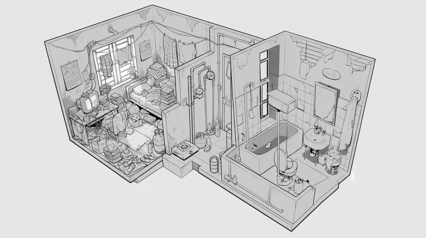 create a detailed isometric lineart illustration in the same artstyle as the reference image showing an accurate representation of Bangladeshi middle class housing architecture and residency space, ensure same art style and angle of view, emphasize on the disregulated nature of spaces that are meant to accomodate people avoidant of consideration to human centric design