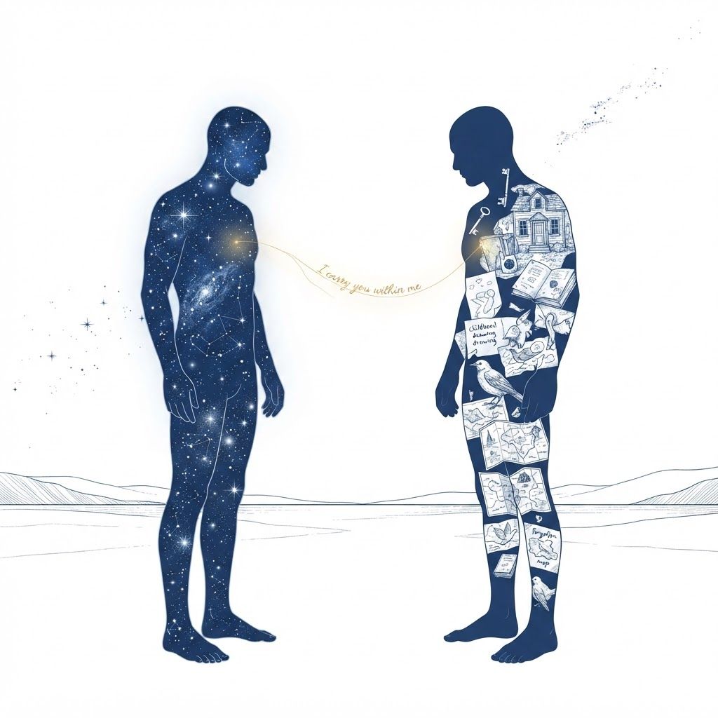 AI Design for Two silhouettes facing each other, one made of stars and the other made of memories, connected by a fragile golden thread, surreal minimal illustration, exploring longing, identity, and emotional projection.
