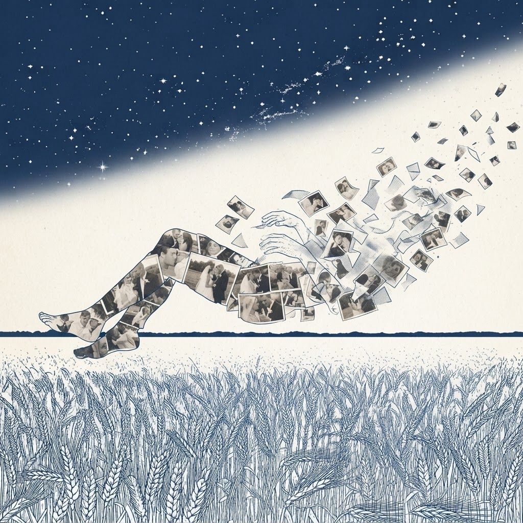 AI Design for A figure made of fading photographs dissolving into wind, surreal minimalist illustration, poetic representation of memories surviving after separation.