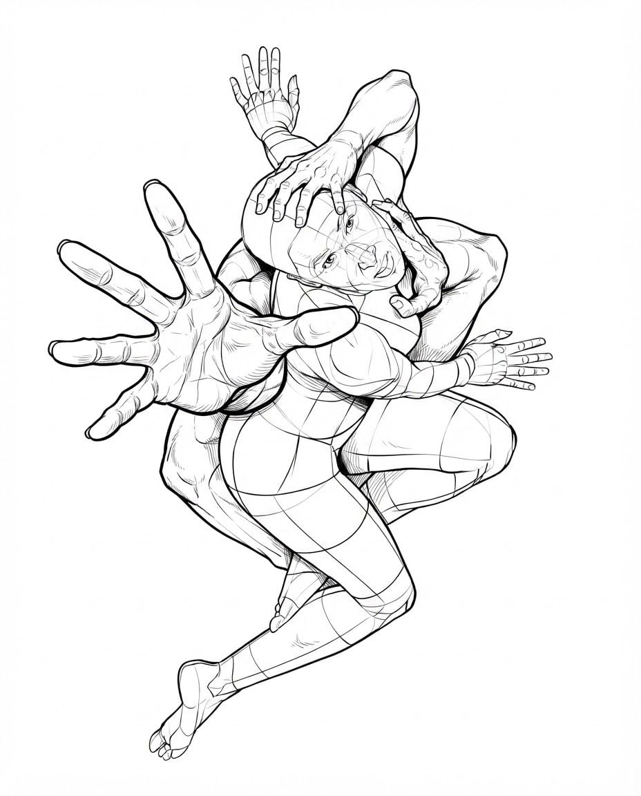 AI Design for create highly detailed professional lineart illustration similar to the reference image buit showing two human beings entangled holding each other but pulling apart at the same time as one of them stretches one hand out towards us. dramatic, foreshortening view. make it look very unique and eye catching , bold clean lines, clear details, accurate symmetry. only black and whuite illustration on solid white background