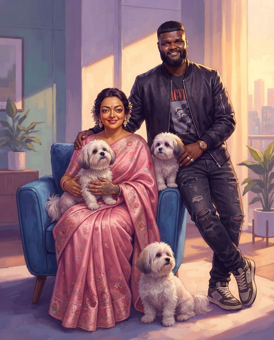 AI Design for Create a highly detailed professional illustrated portrait of a couple together with their three dogs, using the attached reference image strictly as the VISUAL STYLE REFERENCE.
IMPORTANT: Preserve the real identity and recognizable physical characteristics of both people and all three dogs. Treat the supplied photographs as the primary identity references. Accurately reproduce facial structure, facial proportions, eye shape, eyebrows, nose, lips, jawline, hairline, hairstyle, skin tone, age, distinctive facial features, body proportions, and natural expressions of each individual. Do not beautify, genericize, age, de-age, or substantially alter their appearance.
For each dog, accurately preserve breed/type, body structure, size relationship, head shape, muzzle length, ear shape and position, eye shape, coat color, coat markings, fur pattern, distinctive patches, nose shape, tail characteristics, and other recognizable physical traits. Each dog must remain clearly distinguishable from the others.
VISUAL STYLE: follow 4rth image for art style reference
Match the supplied reference's sophisticated cinematic digital illustration aesthetic. Semi-realistic contemporary comic-book / graphic-novel painting, highly refined character illustration, realistic anatomy combined with stylized graphic shapes, confident clean contour work, angular painterly planes, carefully simplified forms, rich tonal modeling, subtle textured brushwork, crisp facial rendering, sophisticated color separation, dramatic environmental lighting, and polished professional concept-art finish. the saree of the woman will be pink and the man will be wearing street wear clothes stylish.
Use the reference's characteristic balance between realism and stylization: faces should remain anatomically convincing and recognizable while being interpreted through expressive painted shapes rather than photorealistic rendering. Avoid looking like a photograph, generic AI portrait, anime, 3D render, or conventional cartoon.
LIGHTING AND COLOR:
Use cinematic directional lighting with warm golden sunlight interacting with cooler violet, lavender, mauve, blue and muted teal shadow areas. Strong but controlled warm/cool color contrast. Soft atmospheric glow around illuminated areas, subtle reflected light on skin and fur, carefully designed highlights, deep but transparent shadows, and sophisticated color grading. Maintain the reference's luminous sunset/interior-light feeling without simply copying its original environment.
PAINTING TECHNIQUE:
Visible but refined digital brushwork, layered painterly color planes, subtle texture, crisp edges around important facial features, softer edges in secondary areas, controlled linework, nuanced skin rendering, individually readable strands of hair and fur without excessive micro-detail. Use simplified graphic shadow shapes combined with realistic anatomical volume.
COMPOSITION:
Create a balanced portrait composition featuring the couple as the central subjects with their three dogs naturally integrated around them. Arrange the subjects so that every face and every dog is clearly visible and readable. Establish an intimate sense of companionship and genuine connection between the couple and their pets.
The three dogs should have clearly different poses and silhouettes so none overlap confusingly. Maintain accurate scale relationships between the couple and all three dogs. Avoid placing any dog directly in front of a person's face. Allow enough negative space around heads and bodies for clean silhouettes.
POSE AND EXPRESSION:
Natural, relaxed interaction rather than stiff studio posing. The couple should appear comfortable and emotionally connected looking at us happy and peaceful, while the dogs should behave naturally and individually. Preserve each person's characteristic expression from the supplied references while adapting it into the illustrated style. Expressions should feel subtle, warm, believable and emotionally authentic.
BACKGROUND:
Create a tasteful cinematic environment that supports the portrait without competing with the subjects. Use an elegant contemporary interior or softly atmospheric home setting, with simplified architectural forms, furniture and environmental details. Background elements should be rendered with broader painterly shapes and lower visual contrast than the characters.
DETAIL PRIORITY:
1. Exact facial identity of both people
2. Accurate physical characteristics of all three dogs
3. Correct anatomy and proportions
4. Natural interaction between all five subjects
5. Cinematic lighting
6. Painterly graphic rendering
7. Environmental atmosphere
8. Fine hair and fur details
The final artwork should feel like a professionally commissioned premium character illustration: emotionally intimate, cinematic, sophisticated, highly detailed and visually cohesive, with the unmistakable visual language of the supplied reference while remaining an original composition.
HIGH RESOLUTION, polished professional digital painting, refined anatomy, accurate facial likeness, accurate animal likeness, sophisticated composition, cinematic lighting, rich painterly color, controlled graphic shapes, detailed but elegant rendering, sharp focal details, atmospheric depth.