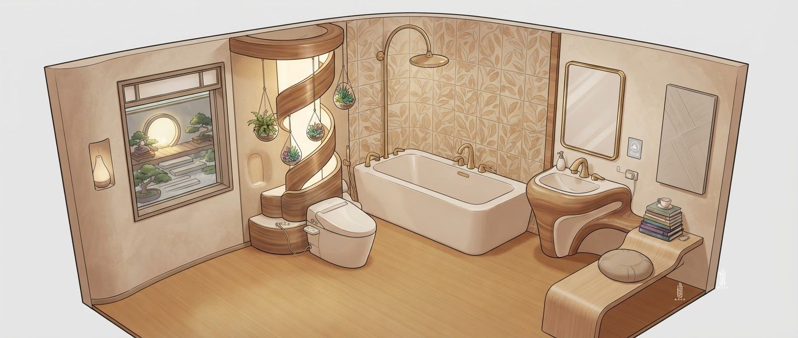create a detailed isometric lineart illustration in the same artstyle as the reference image showing an surreal representation of a space that is designed to nurture and support the mental wellbeing of a human being, ensure same art style and angle of view, emphasize on ergonomically considerate and  consideration to human centric design