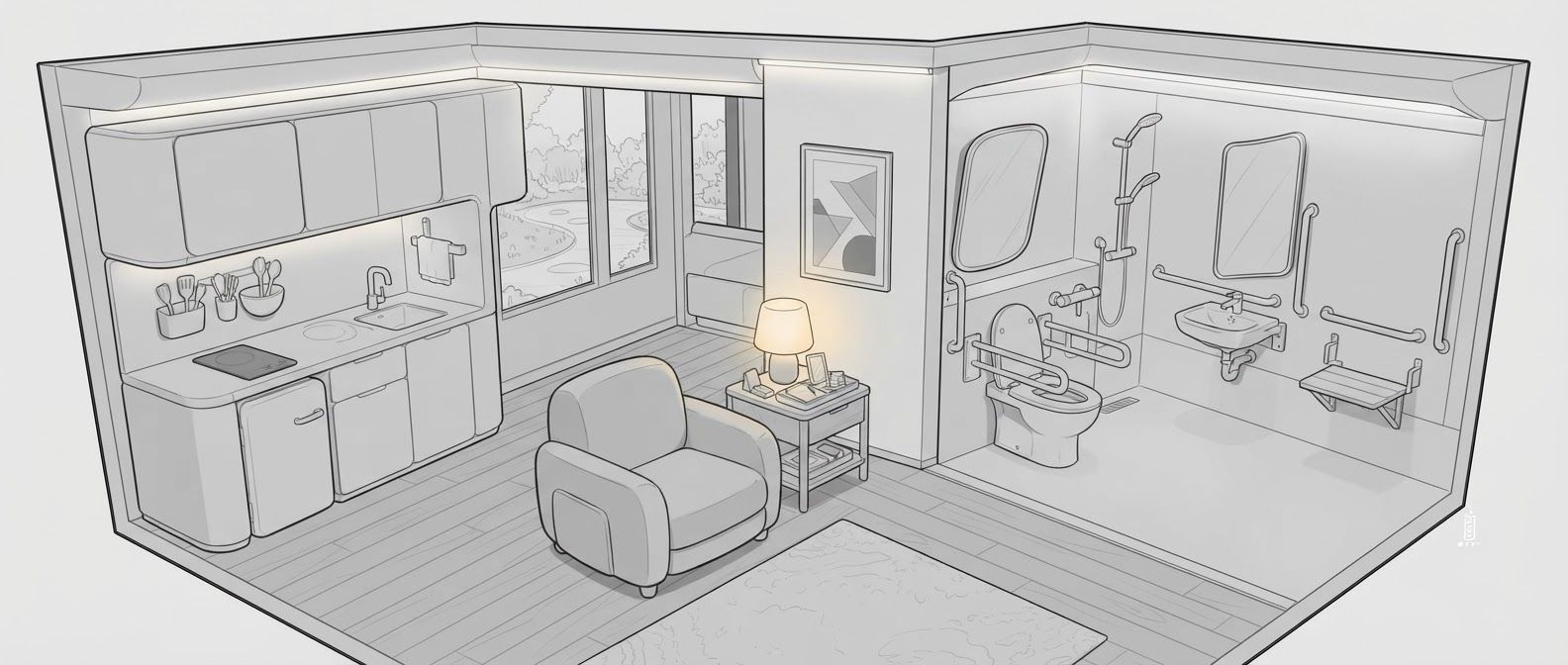 AI Design for create a detailed isometric lineart illustration in the same artstyle as the reference image showing an accurate representation of holistic human centric designed space for psychosocial rehabilitation architecture for a full rehab unit, ensure same art style and angle of view, emphasize on ergonomically considerate and  consideration to human centric design