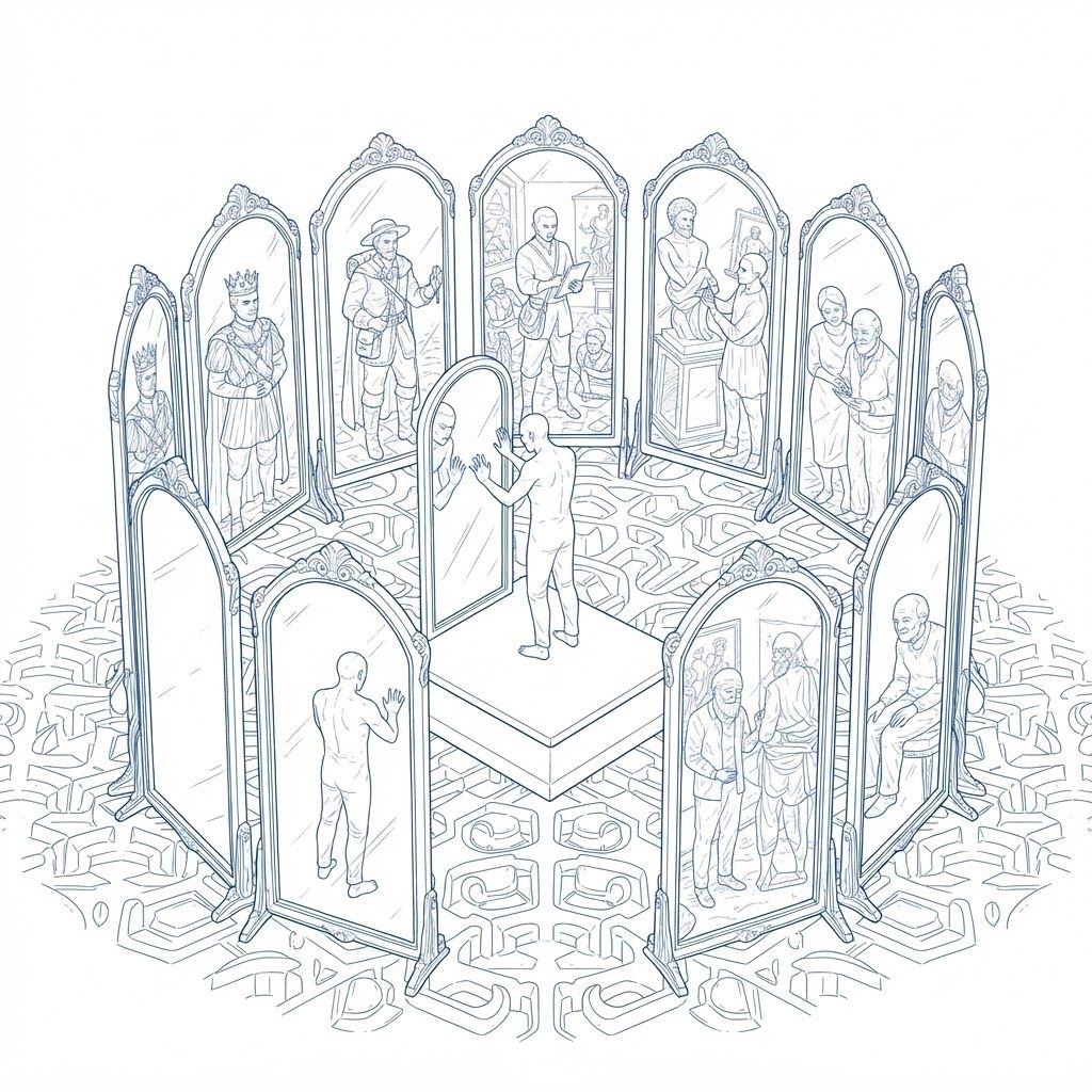 AI Design for A human figure trapped inside a circular garden of mirrors, each reflection showing a different imagined future, surreal minimal line drawing, symbolic of obsession, fantasy, and repetition.
