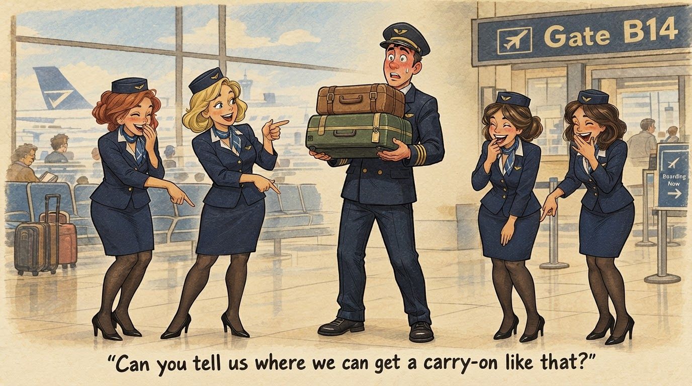 AI Design for remove a few of the baggage being held by the man and raise his arms so that he is holding them above his waist. Have the other three Flight Attendants be pointing and giggling at his hip.