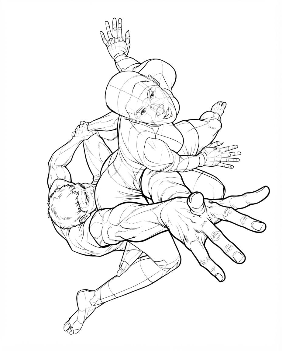 AI Design for create highly detailed professional lineart illustration similar to the reference image buit showing two human beings entangled holding each other but pulling apart at the same time as one of them stretches one hand out towards us. dramatic, foreshortening view. make it look very unique and eye catching , bold clean lines, clear details, accurate symmetry. only black and whuite illustration on solid white background
