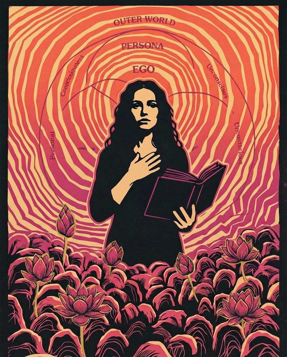 AI Design for add the symbol in the second image in the background behind the woman in the first image, integrate the shapes with the pattern of the sky so it looks natural and coherent