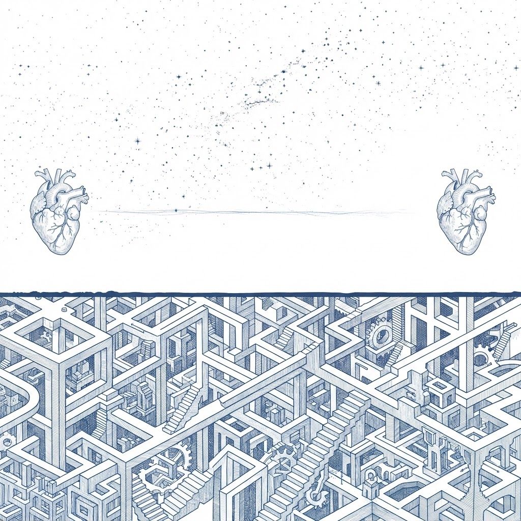 AI Design for Two hearts separated by an impossible landscape, connected by a thin fading thread, surreal minimal composition, vast negative space, exploring emotional distance and unreachable love.