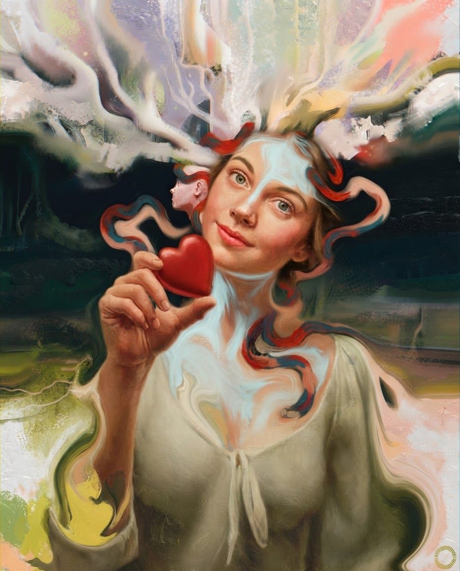 AI Design for redraw the second image in the exact same art style as the first image, painterly, surreal, abstract colourful