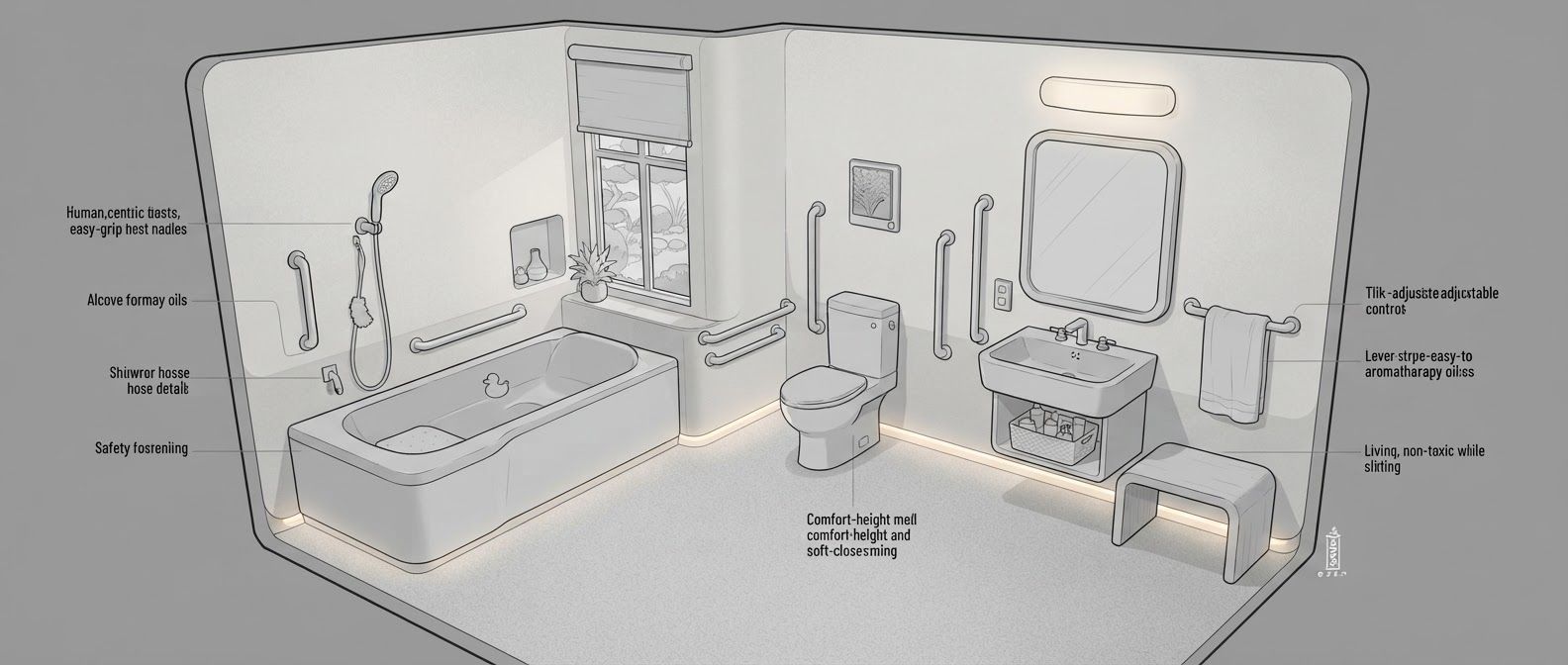 create a detailed isometric lineart illustration in the same artstyle as the reference image showing an accurate representation of holistic human centric designed space for psychosocial rehabilitation architecture for a full rehab unit, ensure same art style and angle of view, emphasize on ergonomically considerate and  consideration to human centric design