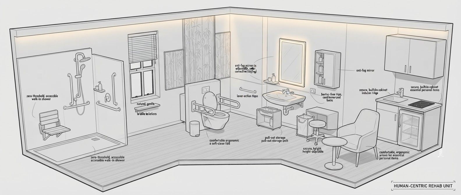 create a detailed isometric lineart illustration in the same artstyle as the reference image showing an accurate representation of holistic human centric designed space for psychosocial rehabilitation architecture for a full rehab unit, ensure same art style and angle of view, emphasize on ergonomically considerate and  consideration to human centric design