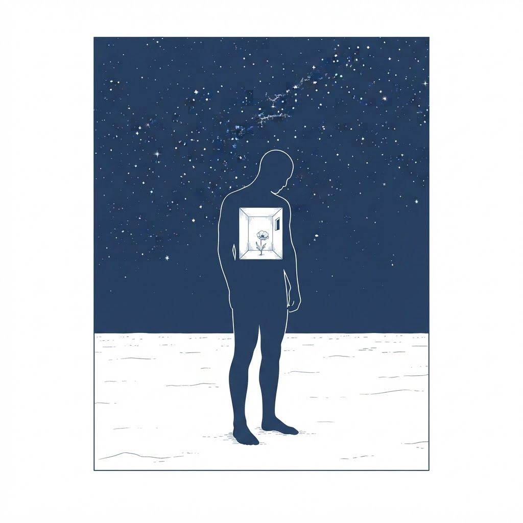 AI Design for A human silhouette with an empty room where the heart should be, a single flower growing inside, surreal minimal artwork, exploring loss, memory, and resilience.