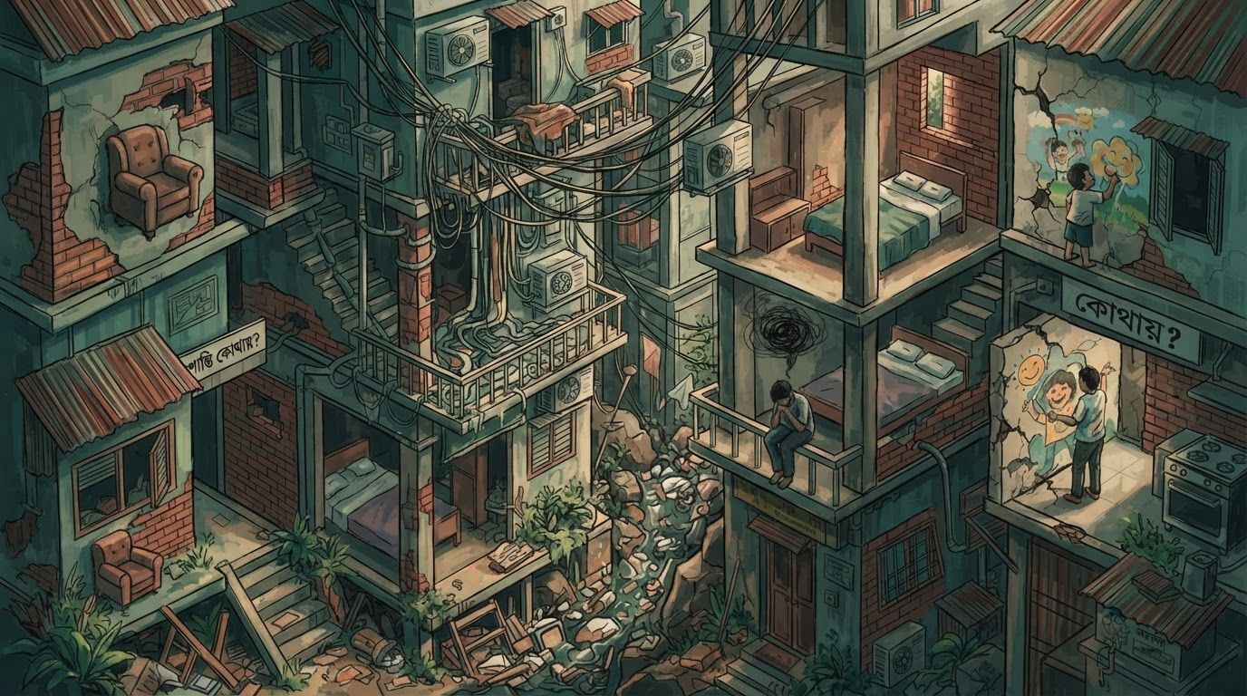 AI Design for create a detailed isometric lineart illustration in the same artstyle as the first reference image showing an accurate representation of Bangladeshi middle class housing architecture and residency space, ensure same art style and angle of view, emphasize on the disregulated nature of spaces that are meant to accomodate people avoidant of consideration to human centric design. but the final composition will be surreal, depicting the correlation between architecture and mental health
