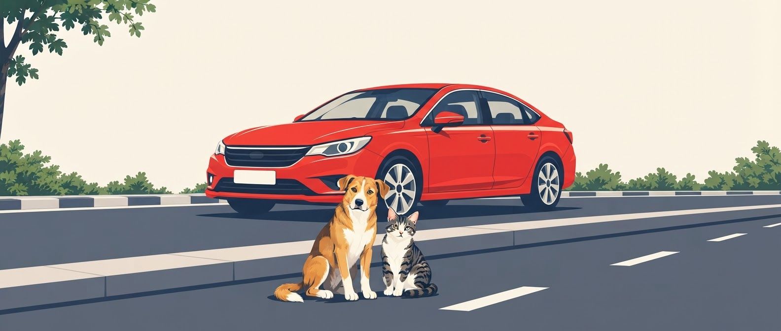 AI Design for create another, have the dog and cat sitting on the street
1. Main composition and visual hierarchy
Design a portrait-oriented poster with a balanced, carefully structured composition and an immediate visual focal point.
- Primary subject: the car. Illustrate a clearly recognizable modern passenger car occupying the central or upper-middle portion of the composition. Show the vehicle in a readable three-quarter front-side view, with distinct wheels, windows, headlights, bumper, windshield, and body panels. Keep the proportions believable while simplifying the details into bold vector shapes.
- Secondary subjects: the dog and cat. Place a dog and a cat resting peacefully beside the same street, clearly separated from the car's wheels and path. Both animals must be fully visible, identifiable at first glance, and large enough to remain readable when the poster is viewed from a distance.
- Street environment. Depict the road using a few strong geometric elements, such as a broad roadway, curb, pavement, and simplified lane markings. The road must be unmistakable without requiring a detailed cityscape.
- Visual relationship. Establish a clear spatial relationship between the car, roadway, curb, and animals. The car should appear to be travelling along the street or slowing down near the animals, while the dog and cat occupy a safe resting area beside the road. Their placement should communicate that drivers must remain alert and give animals space.
- Negative space. Preserve generous uncluttered space, particularly in the upper section and around the main illustration, so campaign organizers can add a protest slogan, event information, or supporting text later in a design application.
2. Character design: dog and cat
Illustrate the animals using expressive yet simplified vector forms.
Dog: A friendly, medium-sized street dog with recognizable canine proportions, upright or relaxed ears, a clear muzzle, four distinguishable legs, and a naturally curved tail. Show the dog lying comfortably on the pavement beside the curb, with its body resting on the ground and its head slightly raised. Its posture should communicate calmness, vulnerability, and the right to occupy public space safely.
Cat: A recognizable domestic street cat resting beside the dog. Give it pointed ears, a rounded body, a distinct tail, and clearly defined paws. Show the cat sitting in a relaxed position or curled up comfortably near the curb. Ensure its silhouette remains visually distinct from the dog's silhouette.
The dog and cat should have a gentle, peaceful presence rather than exaggerated cartoon expressions. Avoid anthropomorphic poses, clothing, human facial expressions, or overly cute mascot styling. Their visual appeal should come from clean silhouettes, thoughtful proportions, and simple, expressive shapes.
3. Car design and road safety storytelling
The car must be immediately recognizable as a road vehicle, not a generic abstract shape.
- Use a conventional passenger-car silhouette with accurate wheel placement and a clearly defined front and rear.
- Ensure both wheels are visible where the chosen perspective permits, with circular tires and simple hub details.
- Keep the vehicle's perspective consistent with the road and surrounding objects.
- Position the vehicle so it does not obscure the animals or overlap their silhouettes.
- Show a clear margin between the car's wheels and the resting animals.
- Use a grounded perspective, with the road, curb, and pavement aligned logically.
- If appropriate, incorporate a simple road-edge marking or curb boundary to reinforce the separation between the vehicle lane and the animals' resting area.
The intended narrative should be immediately understood: vehicles share streets with animals, and responsible driving helps keep them safe. Convey urgency through graphic contrast and purposeful composition, not through depictions of accidents, injured animals, or graphic violence.
4. Color palette
Use a limited, high-contrast palette suitable for a protest poster that needs to attract attention in public spaces.

Use warm ivory or pale cream as the main background, charcoal for strong outlines and road details, and protest red or safety yellow for selected high-impact areas. Muted green may be used sparingly for small environmental accents.
Maintain clear contrast between the car, animals, pavement, and background. Give the dog and cat distinct coat colors so their silhouettes do not merge with the roadway. Avoid using too many colors or gradients, and ensure that the artwork remains effective when reproduced using inexpensive poster printing.
5. Graphic language and finish
- Strictly flat, two-dimensional vector artwork.
- Solid color fills with clean, precise edges.
- Bold, simplified geometric construction.
- Consistent line weight and deliberate silhouette design.
- Strong figure-ground separation.
- Minimal environmental details.
- Contemporary editorial illustration with the visual impact of a protest graphic.
- Carefully controlled asymmetry to create movement without making the layout feel unstable.
- Crisp, polished shapes that resemble professionally produced vector artwork.
- High legibility at both close range and from across a street.
- Print-friendly colors and clean outer contours.
The artwork should feel serious enough for a public protest, compassionate toward street animals, and visually powerful without becoming aggressive or overly decorative.
6. Poster layout and print specifications
- Format: Portrait poster, preferably 2:3 aspect ratio, adaptable to A3 or A2 printing.
- Composition: One unified illustration with a clear central focal point.
- Visual hierarchy: Car first, dog and cat second, simplified street environment third.
- Margins: Keep all essential illustrated elements within a comfortable print-safe area.
- Text: Absolutely no text, letters, numbers, captions, slogans, signage, watermarks, or logos.
- Background: Simple, uncluttered, and integrated with the vector scene.
- Output quality: High-resolution, sharp-edged artwork suitable for large-format printing and subsequent graphic design editing.
7. Negative prompt
Photorealism, hyperrealistic rendering, 3D models, CGI, glossy surfaces, painterly brushwork, watercolor, oil painting, pencil sketches, photographic textures, complex gradients, excessive shadows, dramatic cinematic lighting, overly detailed buildings, crowded traffic, multiple distracting vehicles, distorted car proportions, incorrect wheel placement, floating objects, inconsistent perspective, anatomically confusing animals, extra legs, missing paws, fused animal silhouettes, obscured dog, obscured cat, animals positioned directly under wheels, animals blocking the car's wheels, injured animals, blood, accident scenes, aggressive animals, anthropomorphic characters, excessive decorative elements, busy patterns, complicated backgrounds, illegible details, text, typography, letters, numbers, logos, watermarks, borders that crowd the artwork.
Final creative direction: The finished poster should resemble a bold, professionally art-directed animal welfare protest graphic. At first glance, viewers should recognize a car on a street and a dog and cat resting safely beside it. The illustration should be emotionally engaging, compositionally balanced, visually direct, and completely free of text, leaving the campaign message open for later customization.