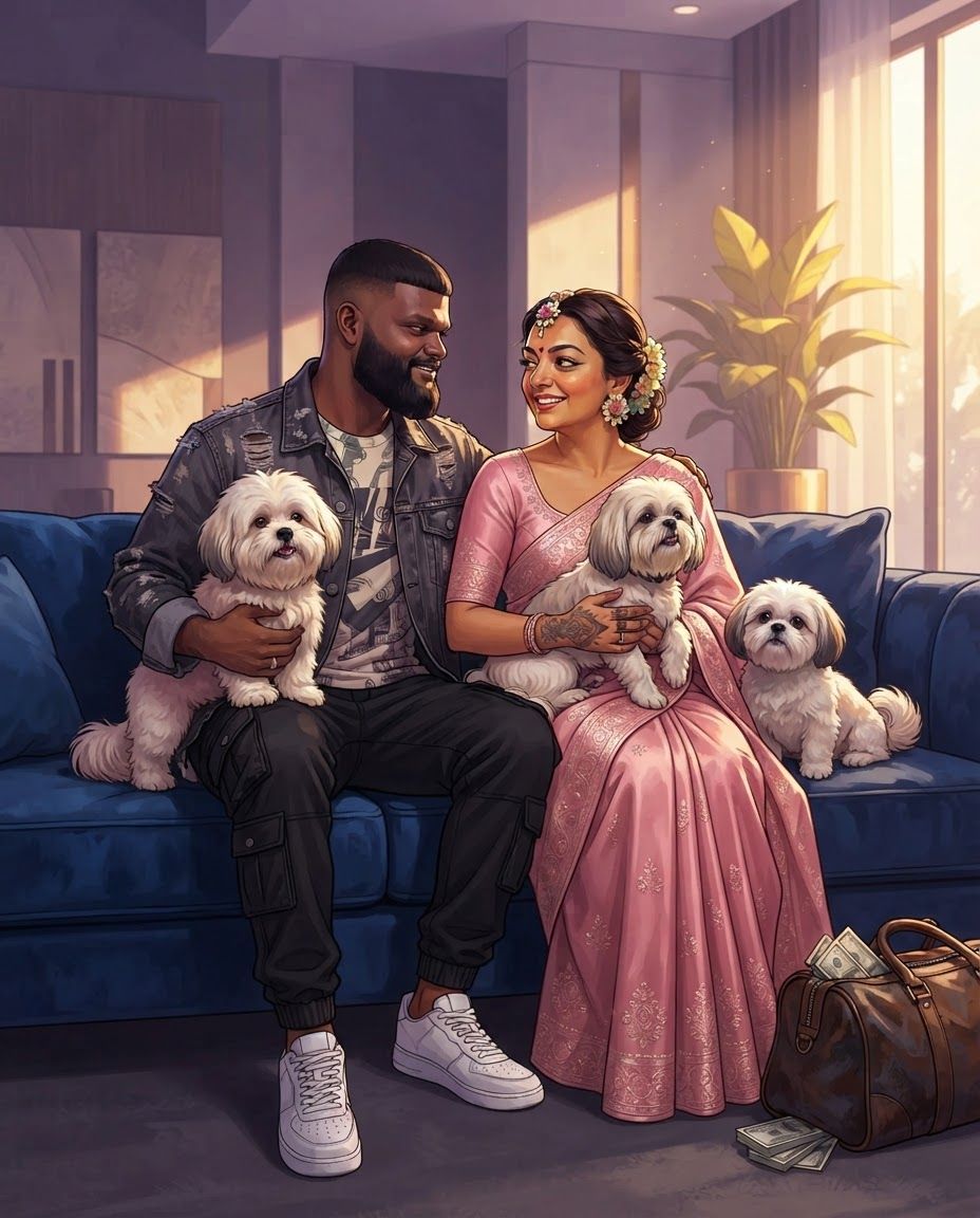 AI Design for Create a highly detailed professional illustrated portrait of a couple together with their three dogs, using the attached reference image strictly as the VISUAL STYLE REFERENCE.
IMPORTANT: Preserve the real identity and recognizable physical characteristics of both people and all three dogs. Treat the supplied photographs as the primary identity references. Accurately reproduce facial structure, facial proportions, eye shape, eyebrows, nose, lips, jawline, hairline, hairstyle, skin tone, age, distinctive facial features, body proportions, and natural expressions of each individual. Do not beautify, genericize, age, de-age, or substantially alter their appearance.
For each dog, accurately preserve breed/type, body structure, size relationship, head shape, muzzle length, ear shape and position, eye shape, coat color, coat markings, fur pattern, distinctive patches, nose shape, tail characteristics, and other recognizable physical traits. Each dog must remain clearly distinguishable from the others.
VISUAL STYLE: follow 4rth image for art style reference
Match the supplied reference's sophisticated cinematic digital illustration aesthetic. Semi-realistic contemporary comic-book / graphic-novel painting, highly refined character illustration, realistic anatomy combined with stylized graphic shapes, confident clean contour work, angular painterly planes, carefully simplified forms, rich tonal modeling, subtle textured brushwork, crisp facial rendering, sophisticated color separation, dramatic environmental lighting, and polished professional concept-art finish. the saree of the woman will be pink and the man will be wearing street wear clothes stylish.
Use the reference's characteristic balance between realism and stylization: faces should remain anatomically convincing and recognizable while being interpreted through expressive painted shapes rather than photorealistic rendering. Avoid looking like a photograph, generic AI portrait, anime, 3D render, or conventional cartoon.
LIGHTING AND COLOR:
Use cinematic directional lighting with warm golden sunlight interacting with cooler violet, lavender, mauve, blue and muted teal shadow areas. Strong but controlled warm/cool color contrast. Soft atmospheric glow around illuminated areas, subtle reflected light on skin and fur, carefully designed highlights, deep but transparent shadows, and sophisticated color grading. Maintain the reference's luminous sunset/interior-light feeling without simply copying its original environment.
PAINTING TECHNIQUE:
Visible but refined digital brushwork, layered painterly color planes, subtle texture, crisp edges around important facial features, softer edges in secondary areas, controlled linework, nuanced skin rendering, individually readable strands of hair and fur without excessive micro-detail. Use simplified graphic shadow shapes combined with realistic anatomical volume.
COMPOSITION:
Create a balanced portrait composition featuring the couple as the central subjects with their three dogs naturally integrated around them. Arrange the subjects so that every face and every dog is clearly visible and readable. Establish an intimate sense of companionship and genuine connection between the couple and their pets.
The three dogs should have clearly different poses and silhouettes so none overlap confusingly. Maintain accurate scale relationships between the couple and all three dogs. Avoid placing any dog directly in front of a person's face. Allow enough negative space around heads and bodies for clean silhouettes.
POSE AND EXPRESSION:
Natural, relaxed interaction rather than stiff studio posing. The couple should appear comfortable and emotionally connected looking at each other happy and peaceful, while the dogs should behave naturally and individually. Preserve each person's characteristic expression from the supplied references while adapting it into the illustrated style. Expressions should feel subtle, warm, believable and emotionally authentic.
BACKGROUND:
Create a tasteful cinematic environment that supports the portrait without competing with the subjects. Use an elegant contemporary interior or softly atmospheric home setting, with simplified architectural forms, furniture and environmental details. Background elements should be rendered with broader painterly shapes and lower visual contrast than the characters.
DETAIL PRIORITY:
1. Exact facial identity of both people
2. Accurate physical characteristics of all three dogs
3. Correct anatomy and proportions
4. Natural interaction between all five subjects
5. Cinematic lighting
6. Painterly graphic rendering
7. Environmental atmosphere
8. Fine hair and fur details
The final artwork should feel like a professionally commissioned premium character illustration: emotionally intimate, cinematic, sophisticated, highly detailed and visually cohesive, with the unmistakable visual language of the supplied reference while remaining an original composition.
HIGH RESOLUTION, polished professional digital painting, refined anatomy, accurate facial likeness, accurate animal likeness, sophisticated composition, cinematic lighting, rich painterly color, controlled graphic shapes, detailed but elegant rendering, sharp focal details, atmospheric depth.