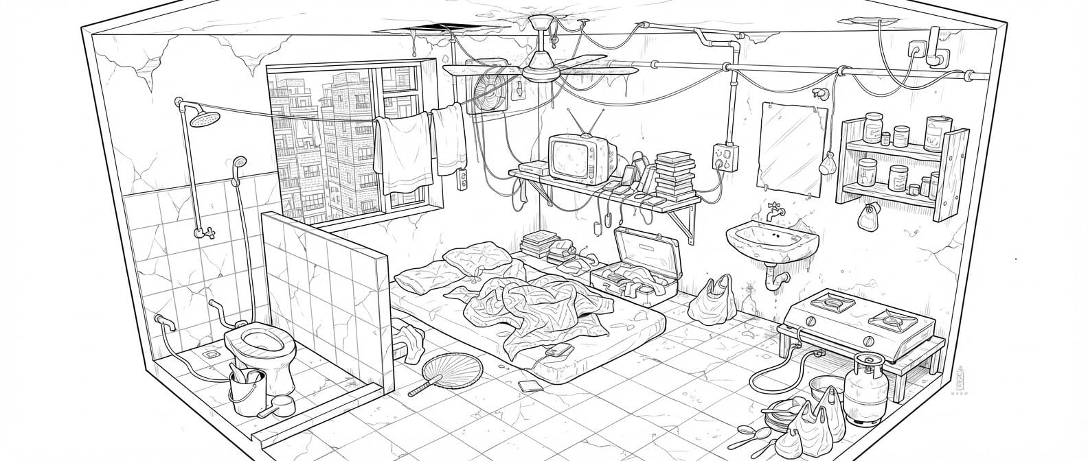create a detailed isometric lineart illustration in the same artstyle as the reference image showing an accurate representation of Bangladeshi middle class housing architecture and residency space, ensure same art style and angle of view, emphasize on the disregulated nature of spaces that are meant to accomodate people avoidant of consideration to human centric design