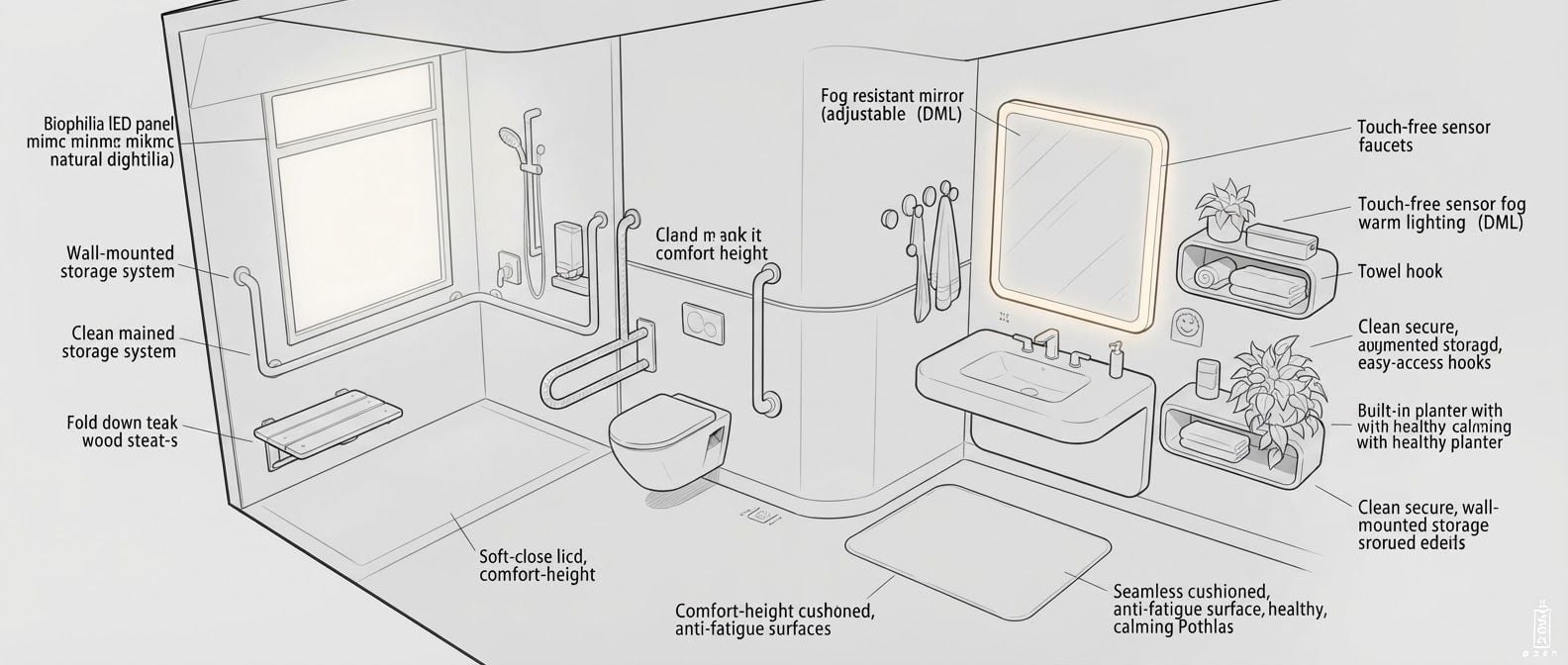 create a detailed isometric lineart illustration in the same artstyle as the reference image showing an accurate representation of holistic human centric designed space for psychosocial rehabilitation architecture, ensure same art style and angle of view, emphasize on ergonomically considerate and consideration to human centric design