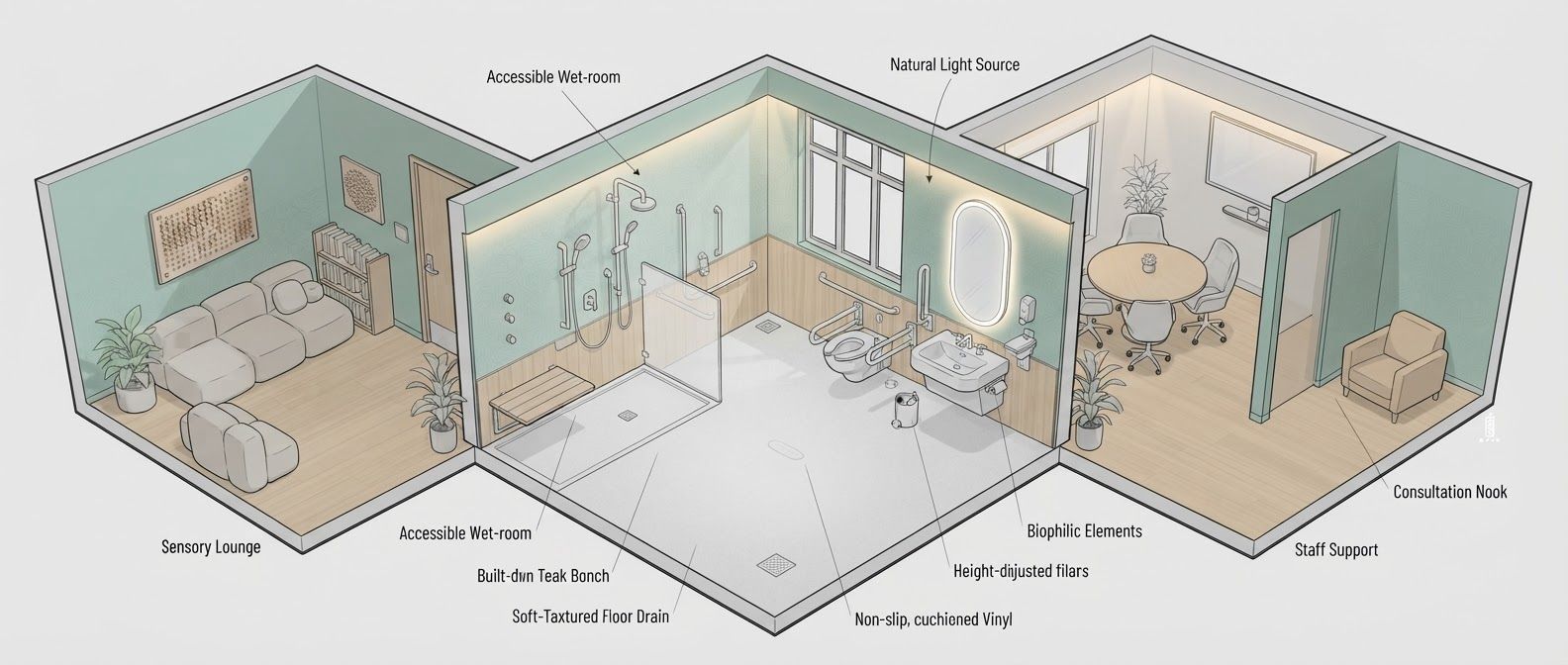 create a detailed isometric lineart illustration in the same artstyle as the reference image showing an accurate representation of holistic human centric designed space for psychosocial rehabilitation architecture for a full rehab unit, ensure same art style and angle of view, emphasize on ergonomically considerate and  consideration to human centric design