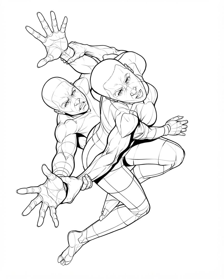 AI Design for create highly detailed professional lineart illustration similar to the reference image buit showing two human beings entangled holding each other but pulling apart at the same time as one of them stretches one hand out towards us. dramatic, foreshortening view. make it look very unique and eye catching , bold clean lines, clear details, accurate symmetry. only black and whuite illustration on solid white background