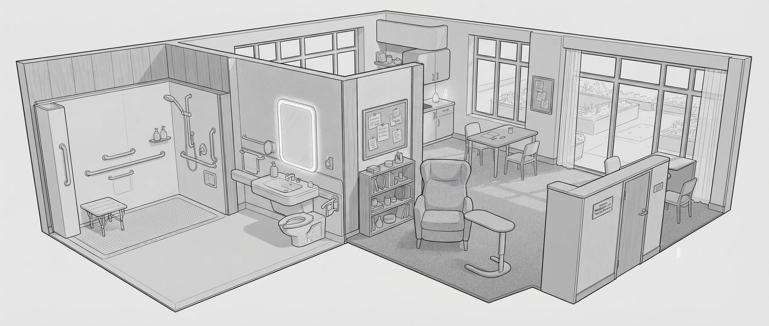 AI Design for create a detailed isometric lineart illustration in the same artstyle as the reference image showing an accurate representation of holistic human centric designed space for psychosocial rehabilitation architecture for a full rehab unit, ensure same art style and angle of view, emphasize on ergonomically considerate and  consideration to human centric design