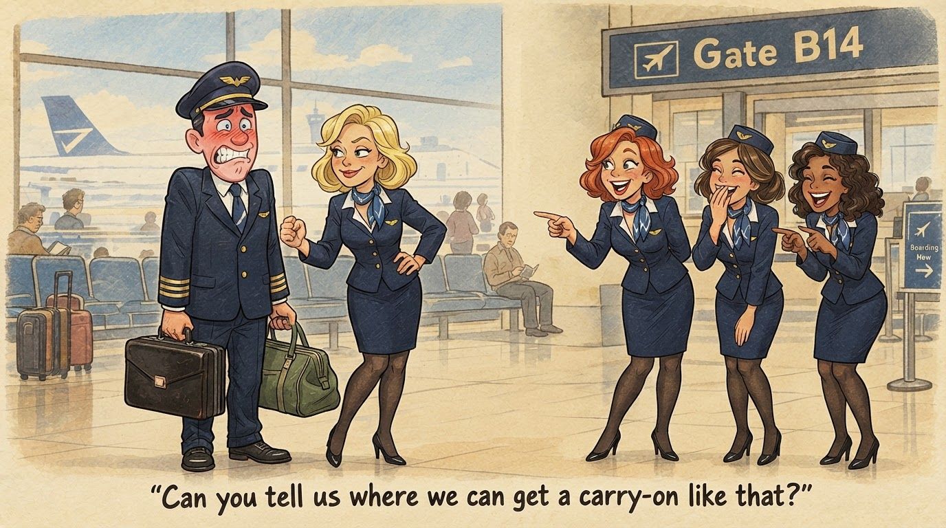 AI Design for Keep the same overall cartoon illustration style, airport background, uniforms, and flight attendant hairstyles from the current image. Make the following changes:
Reposition the characters:
Left side: the pilot + one flight attendant making a fist near the pilot’s hip/waist, both facing toward the right.
Right side: the other three flight attendants, pointing and giggling while facing toward the left, so the two groups interact visually.
Pilot:
Stand naturally with both arms extended forward, palms up, carrying only a few pieces of luggage.
Keep the luggage at chest level or below, never covering his face.
Make his face visibly red, nervous, and embarrassed, with an exaggerated cartoon expression similar to the provided reference.
Flight attendant hats: Remove all hats. Keep the modern hairstyles from the current image.
Flight attendant making the fist:
Have her standing fully upright.
Her fist should be positioned near the pilot’s hip/waist area as part of the comedic gesture.
Other three flight attendants: Have all three standing upright, while pointing, laughing, and reacting to the pilot.
Maintain the same characters, proportions, uniforms, background, color palette, and vintage cartoon aesthetic.
Overall composition should clearly read as two groups: pilot + one flight attendant on the left, and three flight attendants on the right.