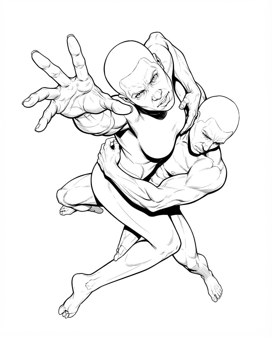 AI Design for create highly detailed professional lineart illustration similar to the reference image buit showing two human beings entangled holding each other but pulling apart at the same time as one of them stretches one hand out towards us. dramatic, foreshortening view. make it look very unique and eye catching , bold clean lines, clear details, accurate symmetry. only black and whuite illustration on solid white background